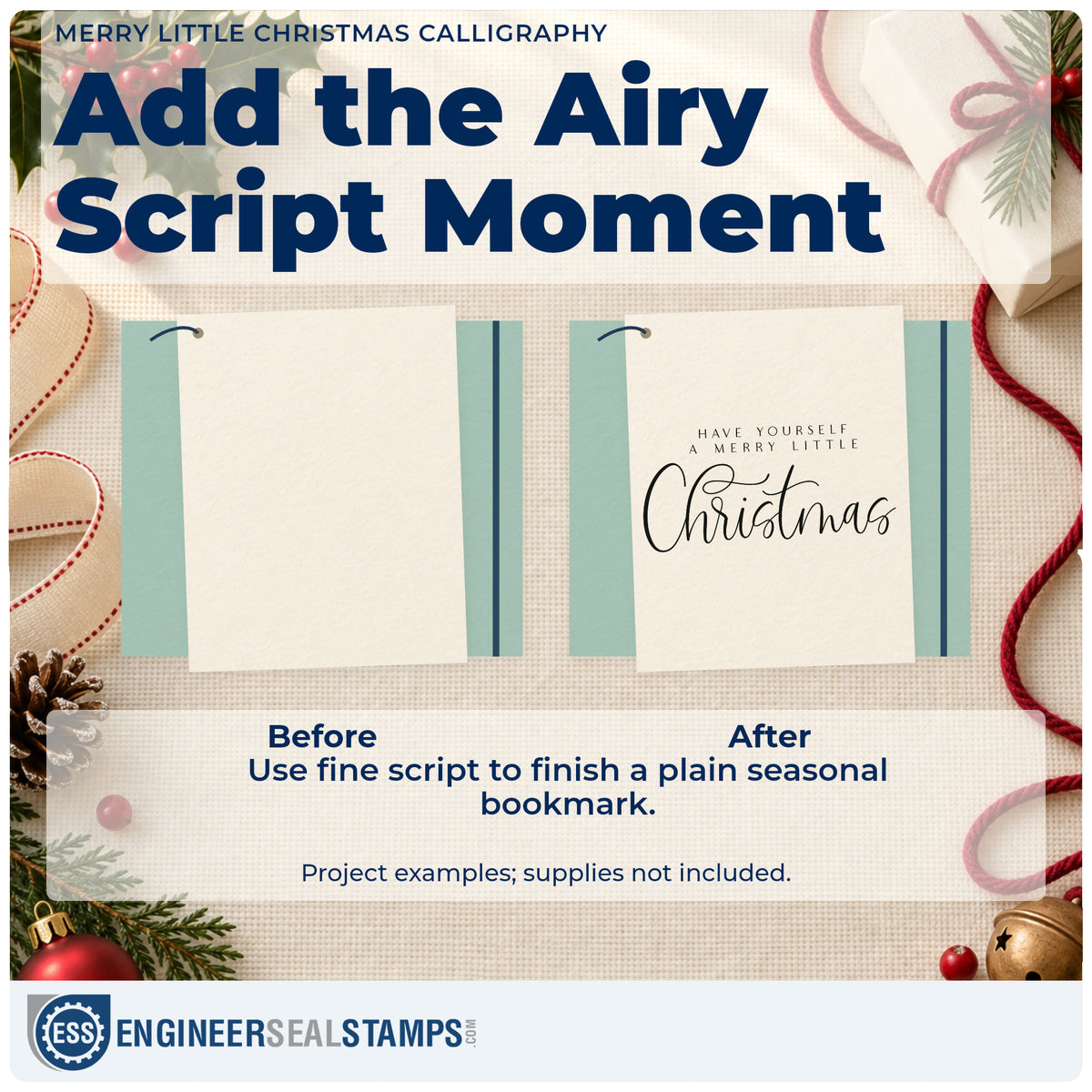 Before and after of a plain item finished with the Merry Little Christmas Calligraphy Script Lettering Premium Wooden Stamp – Vintage Pro, a quick upgrade for framed lamp corner.