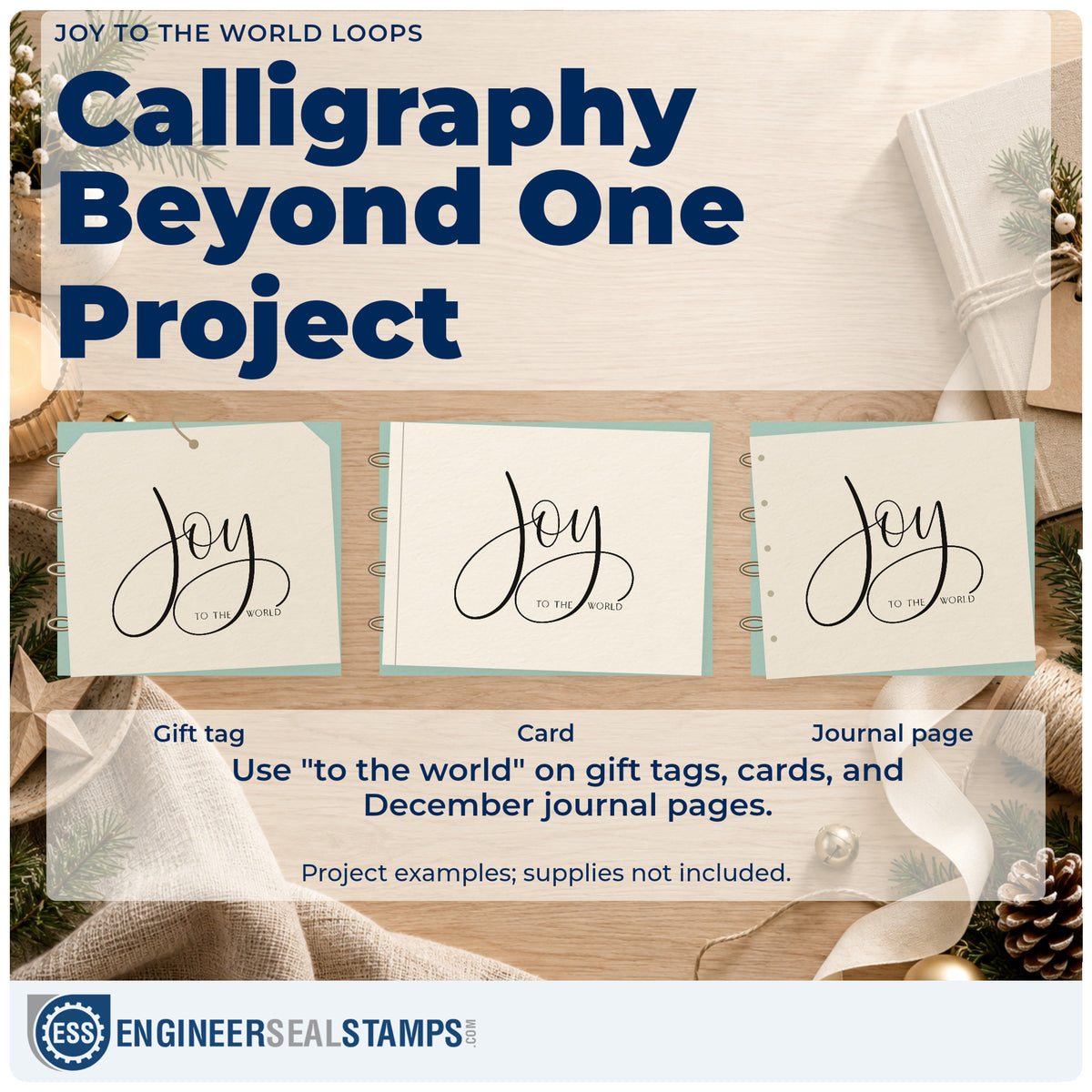 Three project examples made with the Joy To The World Loops Premium Wooden Stamp – Vintage Pro, including intent page header.
