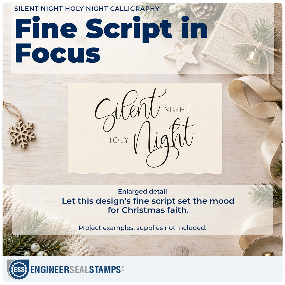 Enlarged detail of the Silent Night Holy Night Calligraphy Block Lettering Wood Handle Stamp imprint. The phrase "Silent night holy night" alternates fine looping calligraphy with small capitals.