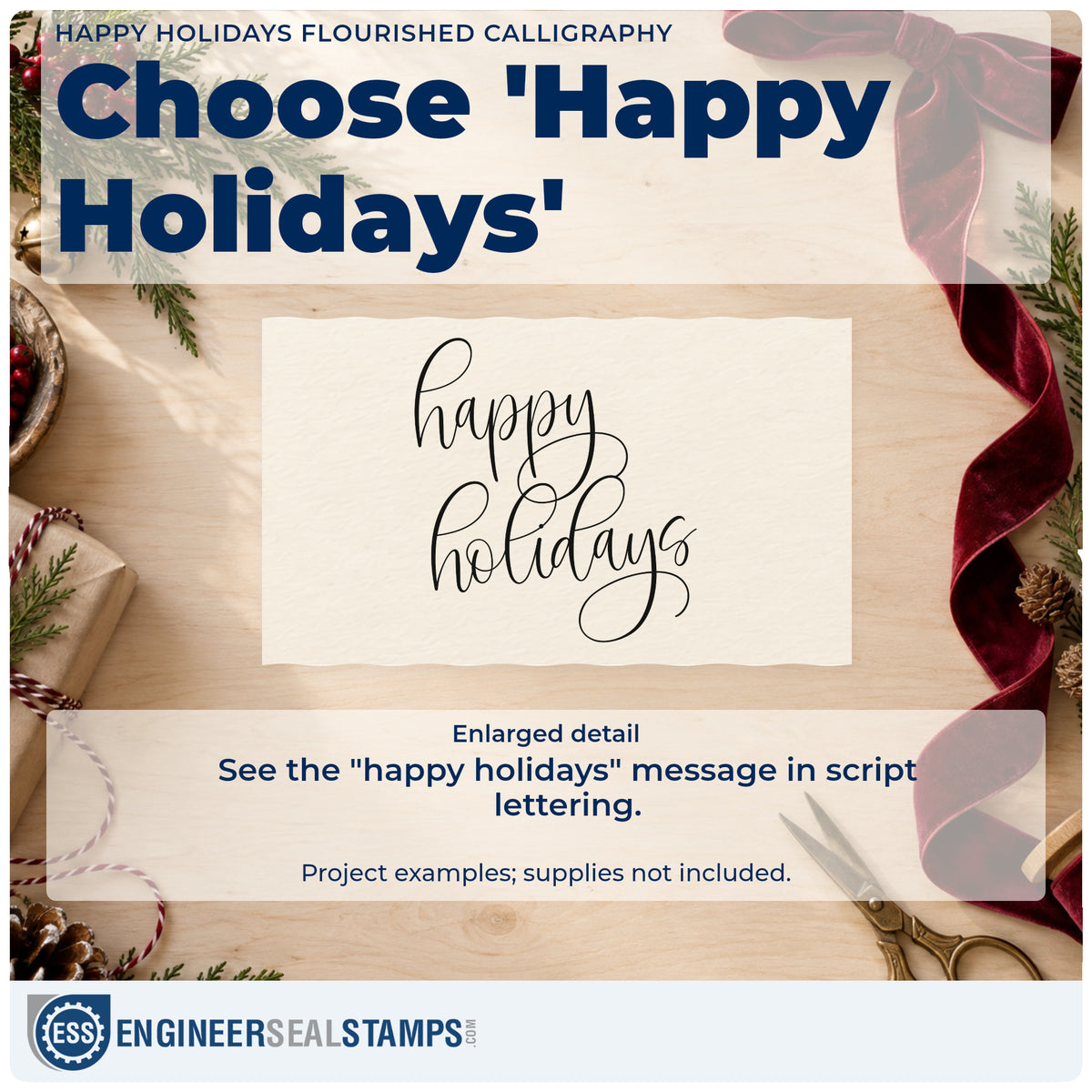 Enlarged detail of the Happy Holidays Flourished Calligraphy Stamp – Slim Pre-Inked imprint. The words "happy holidays" appear in two lines of thin script with large looping flourishes.