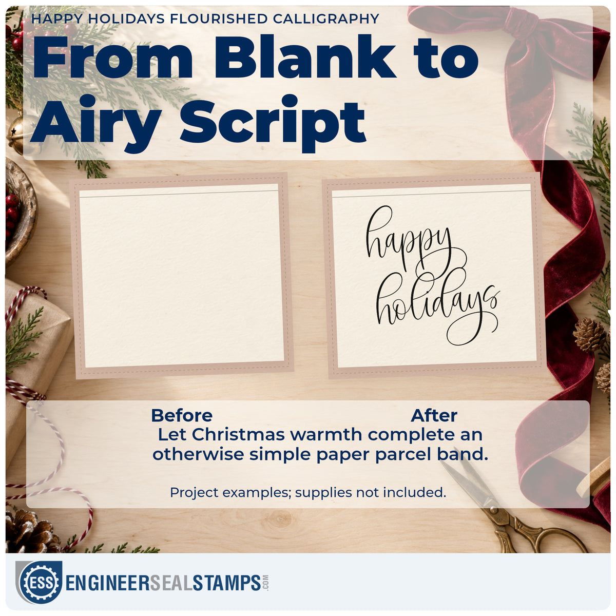 Before and after of a plain item finished with the Happy Holidays Flourished Calligraphy Stamp – Slim Pre-Inked, a quick upgrade for framed glass pair.