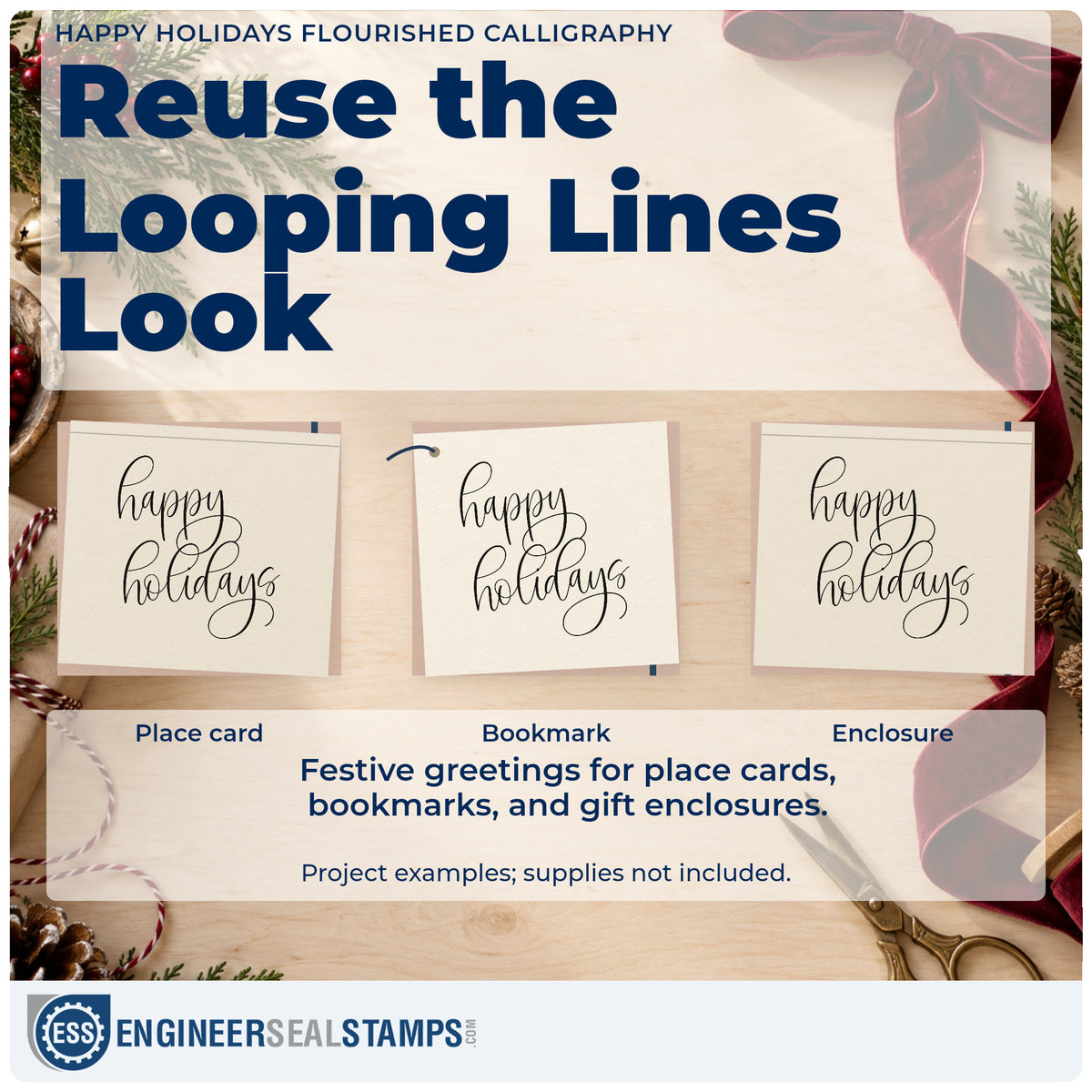 Three project examples made with the Happy Holidays Flourished Calligraphy Stamp – Slim Pre-Inked, including two row note sheet.