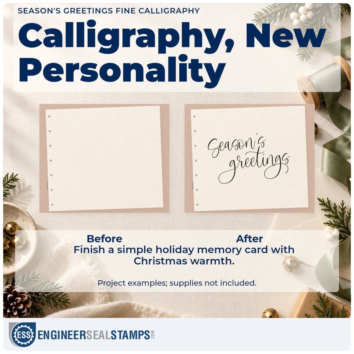 Before and after of a plain item finished with the Season's Greetings Fine Calligraphy Lettering Rubber Stamp – Duo Hand, a quick upgrade for framed foyer piece.