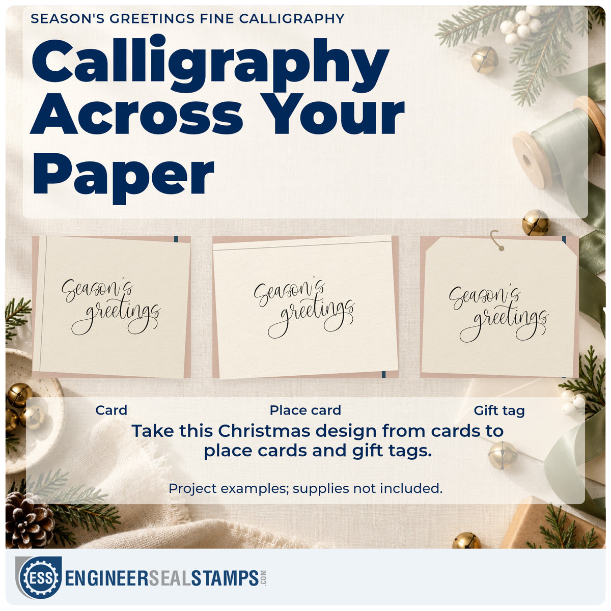 Three project examples made with the Season's Greetings Fine Calligraphy Lettering Slim Pre-Inked Stamp, including client note sheet.