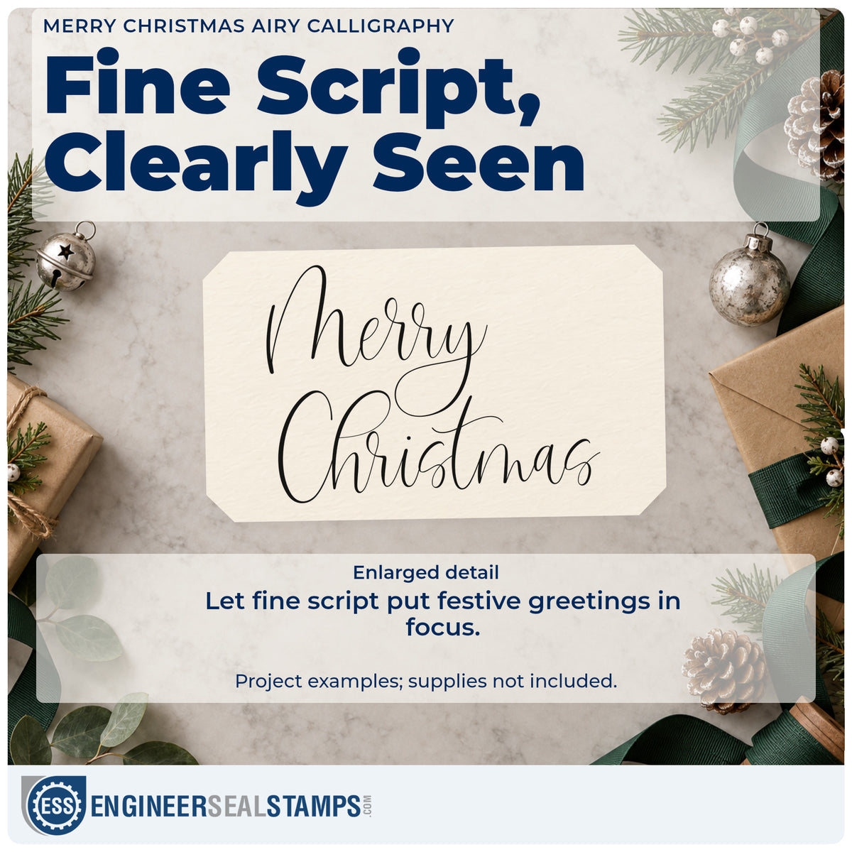 Enlarged detail of the Merry Christmas Airy Calligraphy Stamp – Premium Vintage Pro Wooden imprint. The greeting "Merry Christmas" appears in two lines of airy fine calligraphy.