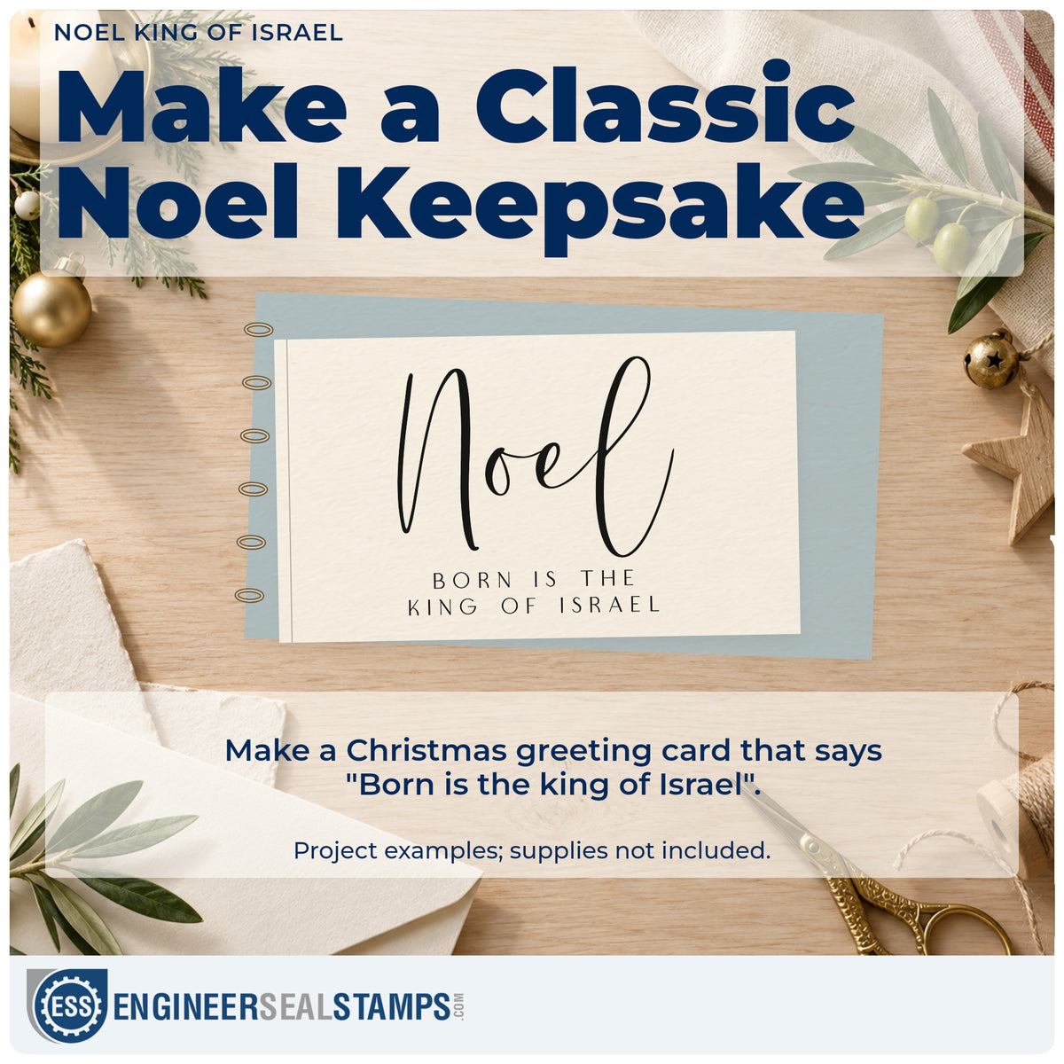 A finished handmade project stamped with the Noel King Of Israel Premium Wooden Stamp – Vintage Pro, ideal for hymn text album.