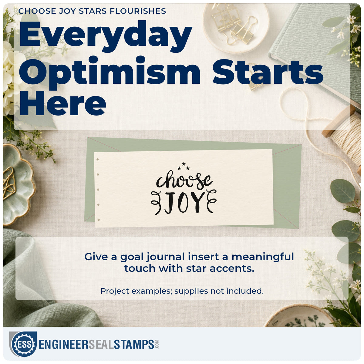 A finished handmade project stamped with the Choose Joy Stars Flourishes Rubber Stamp – Wood Handle, ideal for journal album page.