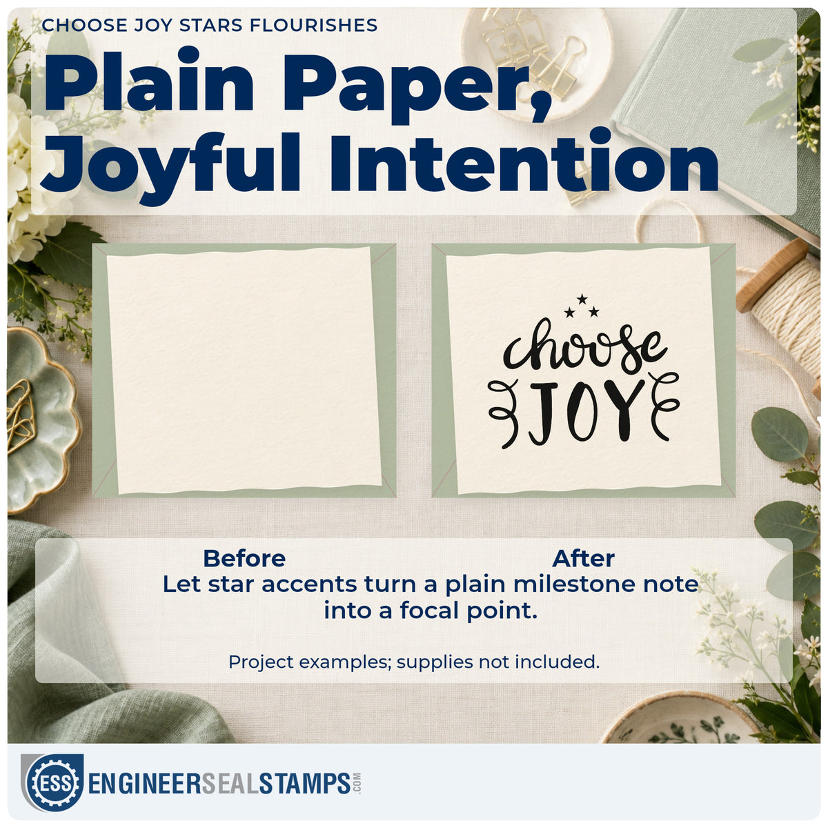 Before and after of a plain item finished with the Choose Joy Stars Flourishes Rubber Stamp – Wood Handle, a quick upgrade for framed writing nook.