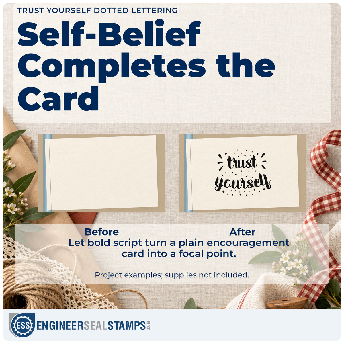 Before and after of a plain item finished with the Trust Yourself Dotted Word Art Rubber Stamp – Duo Hand, a quick upgrade for framed dressing room.
