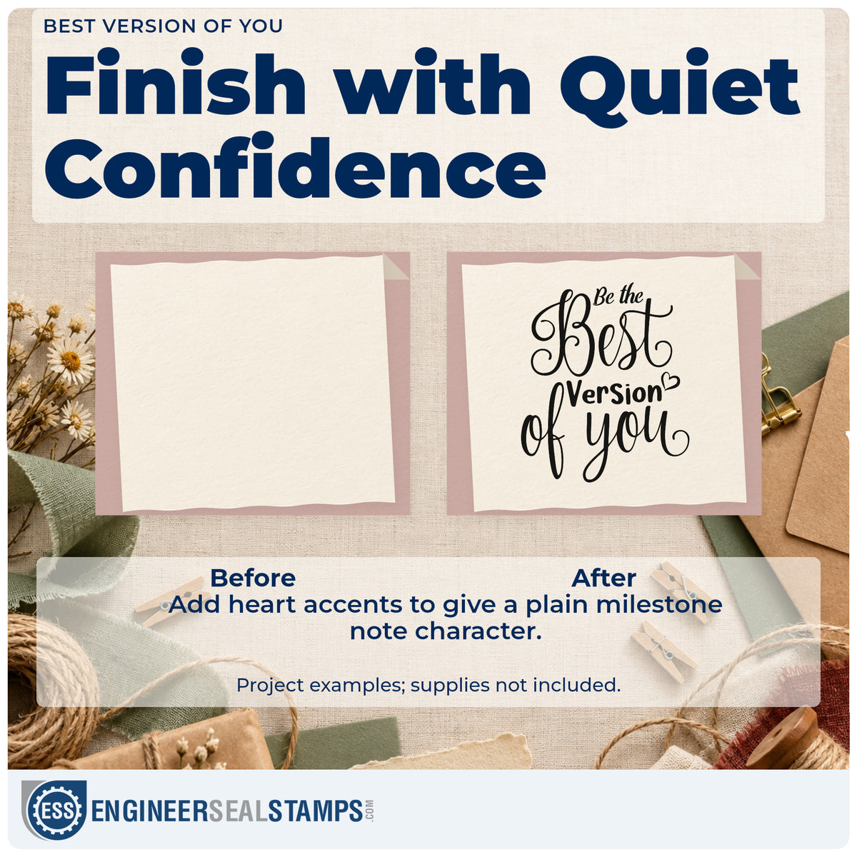Before and after of a plain item finished with the Premium Wooden Best Version Of You Stamp – Vintage Pro, a quick upgrade for framed home office.
