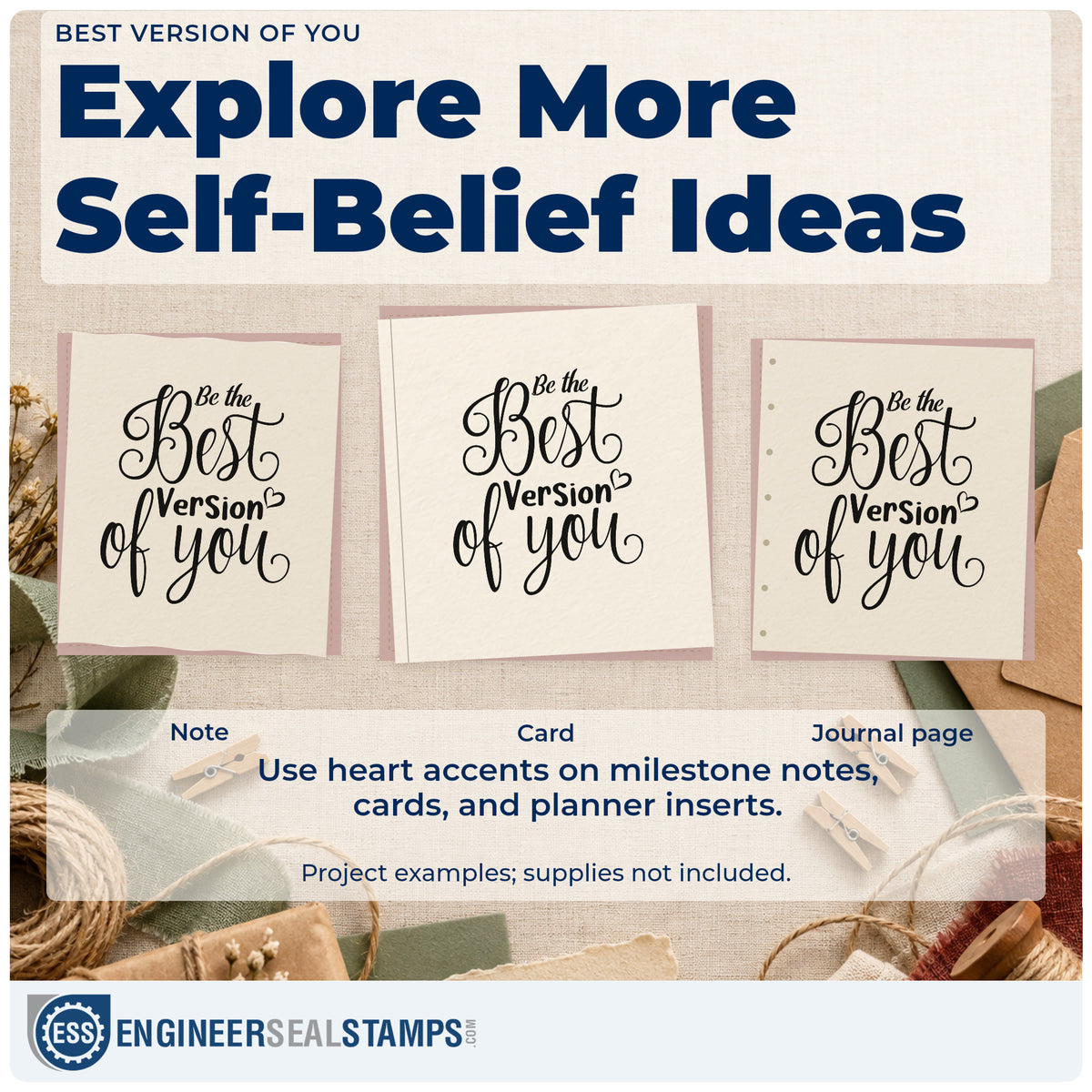 Three project examples made with the Best Version Of You Pre-Inked Stamp – PSI, including quarter aim sheet.