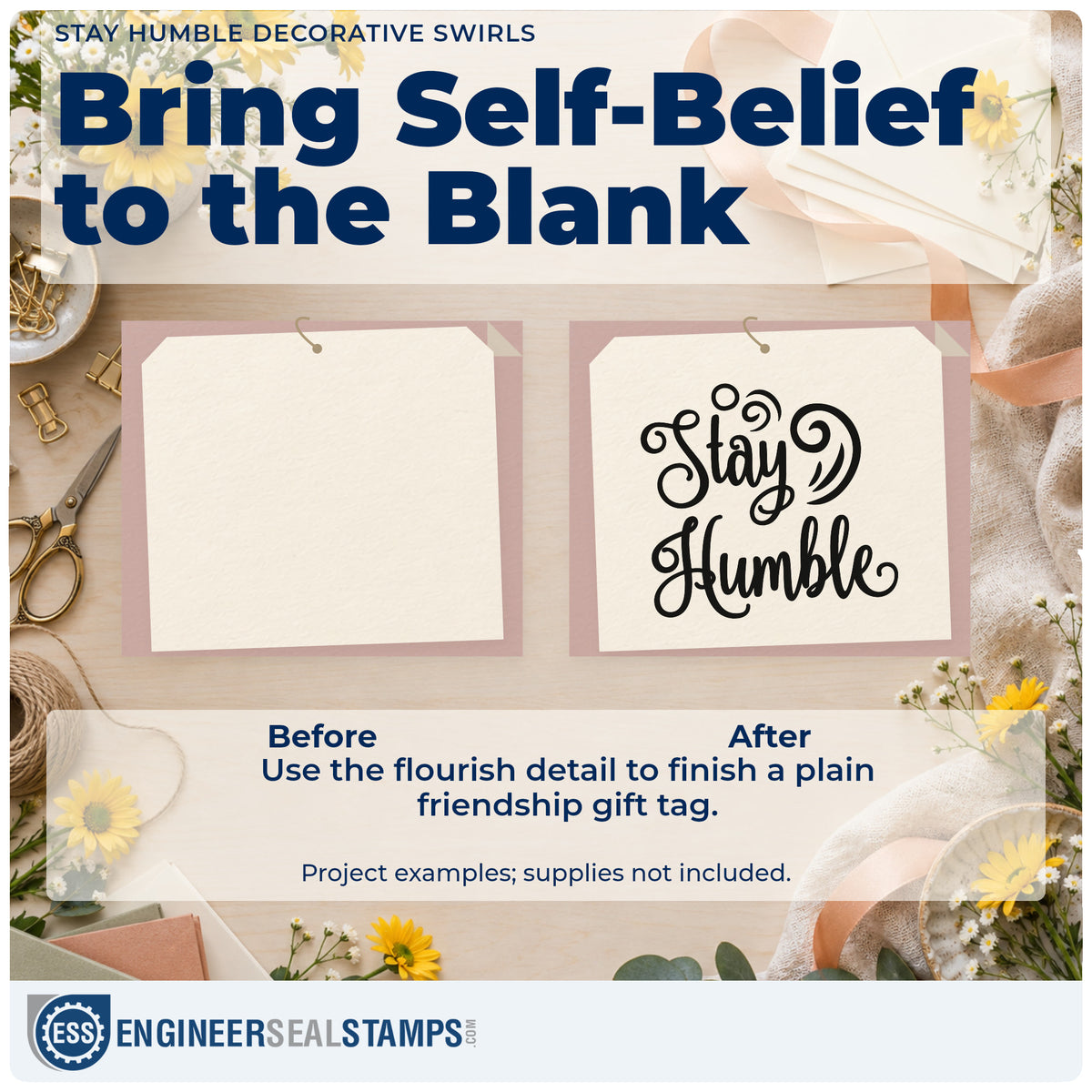 Before and after of a plain item finished with the Stay Humble Decorative Swirls Hand Stamp – Duo, a quick upgrade for framed workshop beam.