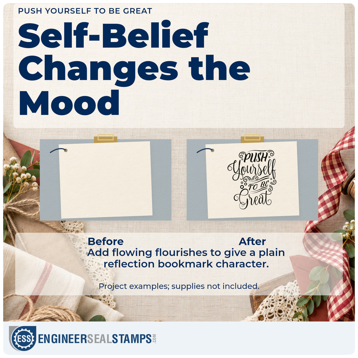 Before and after of a plain item finished with the Push Yourself To Be Great Lettering Flourish Compact Pre-Inked Stamp – Slim, a quick upgrade for framed practice room.