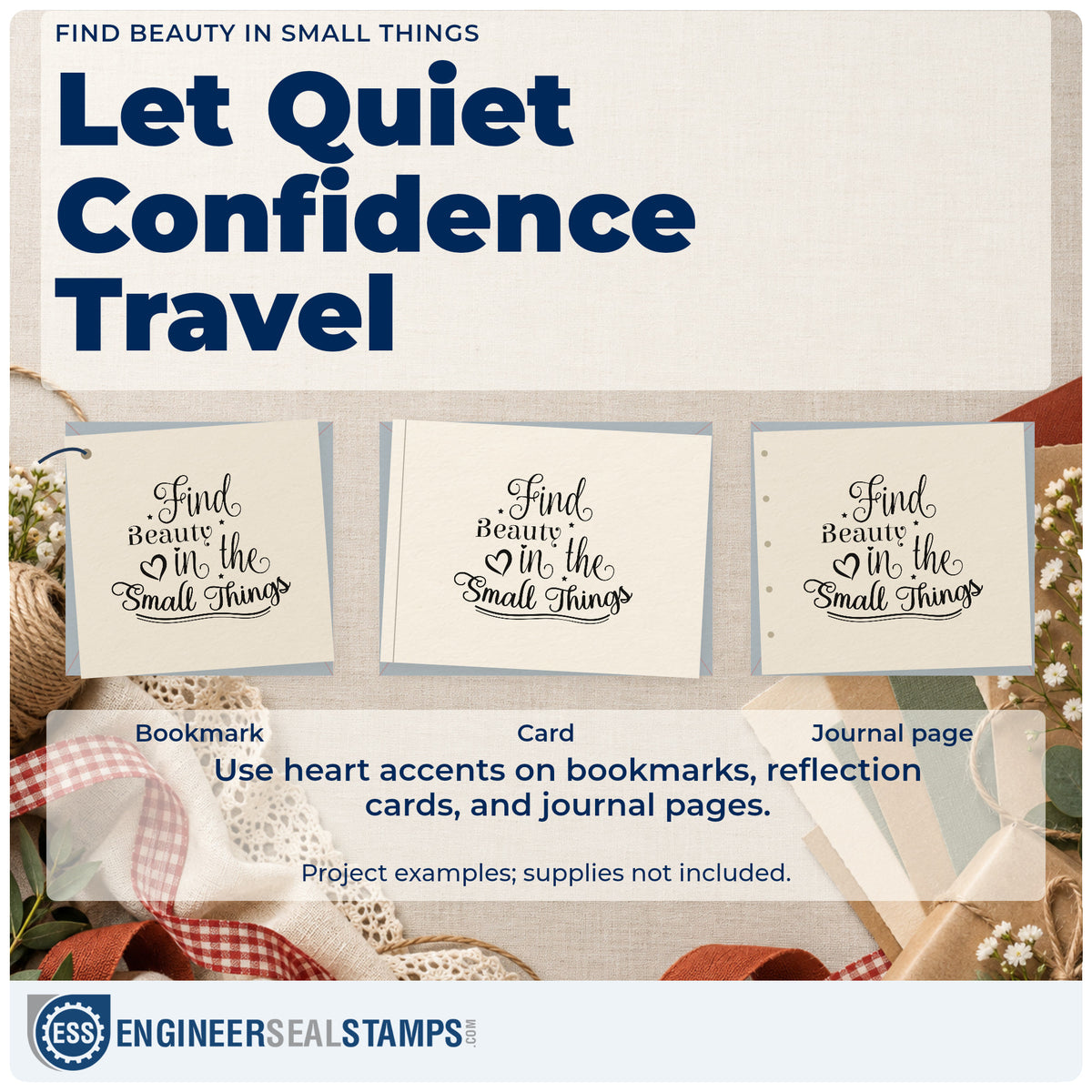 Three project examples made with the Find Beauty In Small Things Premium Wooden Stamp – Vintage Pro, including field note sheet.