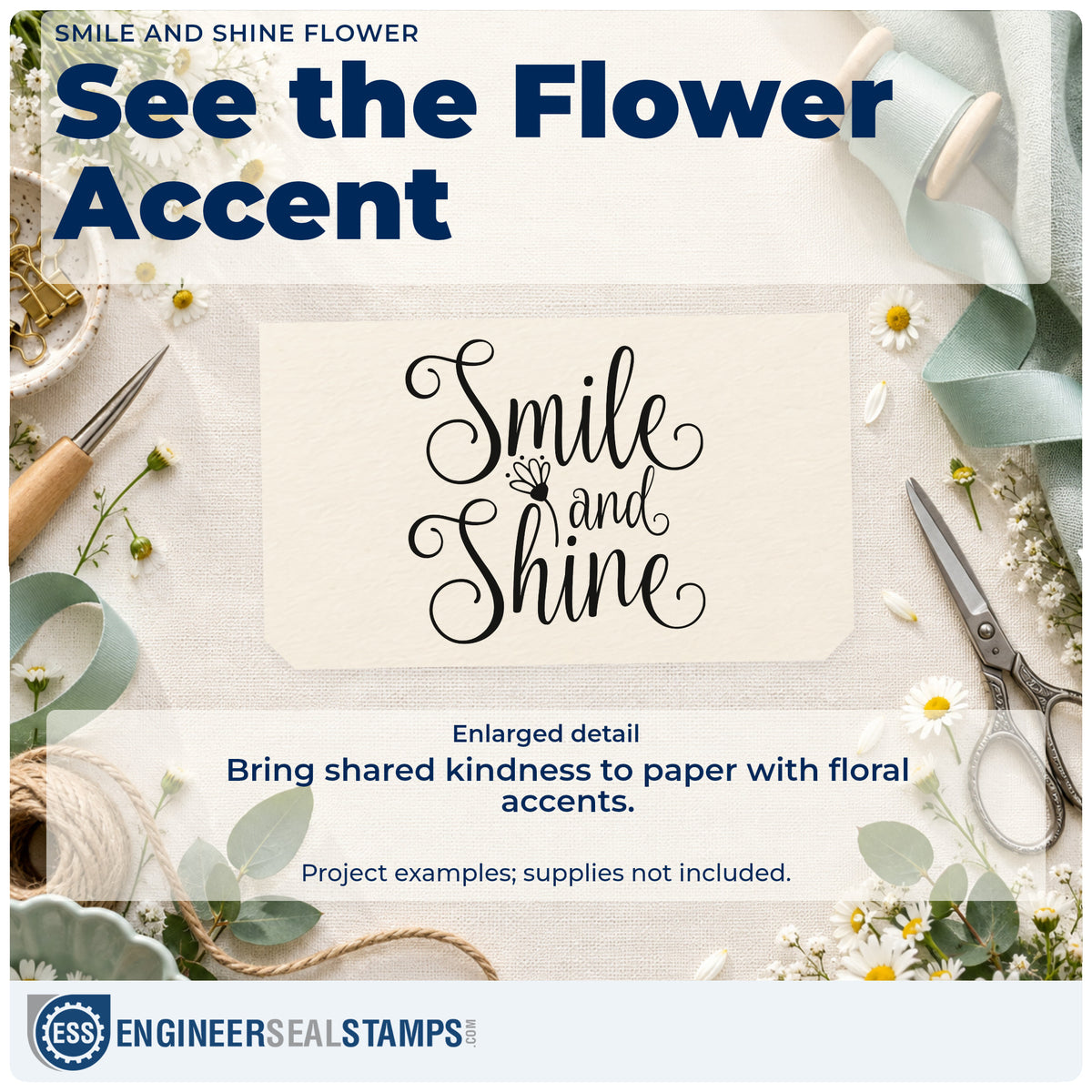 Enlarged detail of the Smile And Shine Flower Hand Stamp – Duo imprint. The words "Smile and shine" appear in ornate looping script with a small flower.