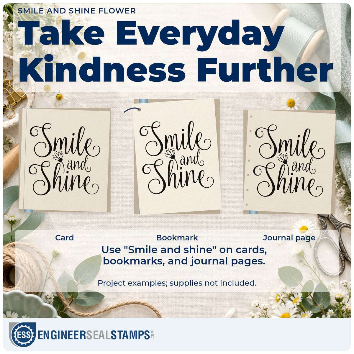 Three project examples made with the Smile And Shine Flower Hand Stamp – Duo, including chair booking sheet.