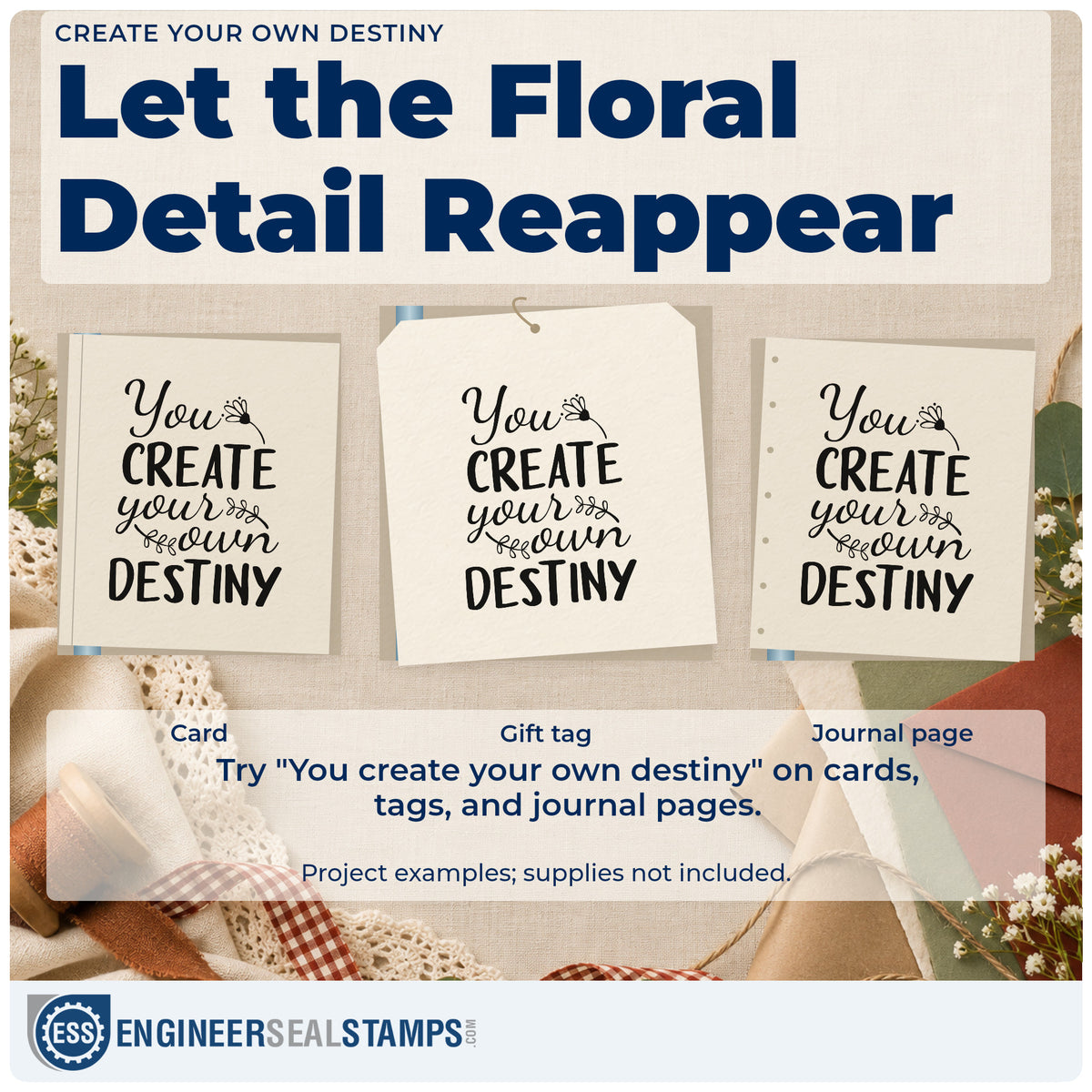 Three project examples made with the Create Your Own Destiny Rubber Stamp – Duo Hand, including next step sheet.