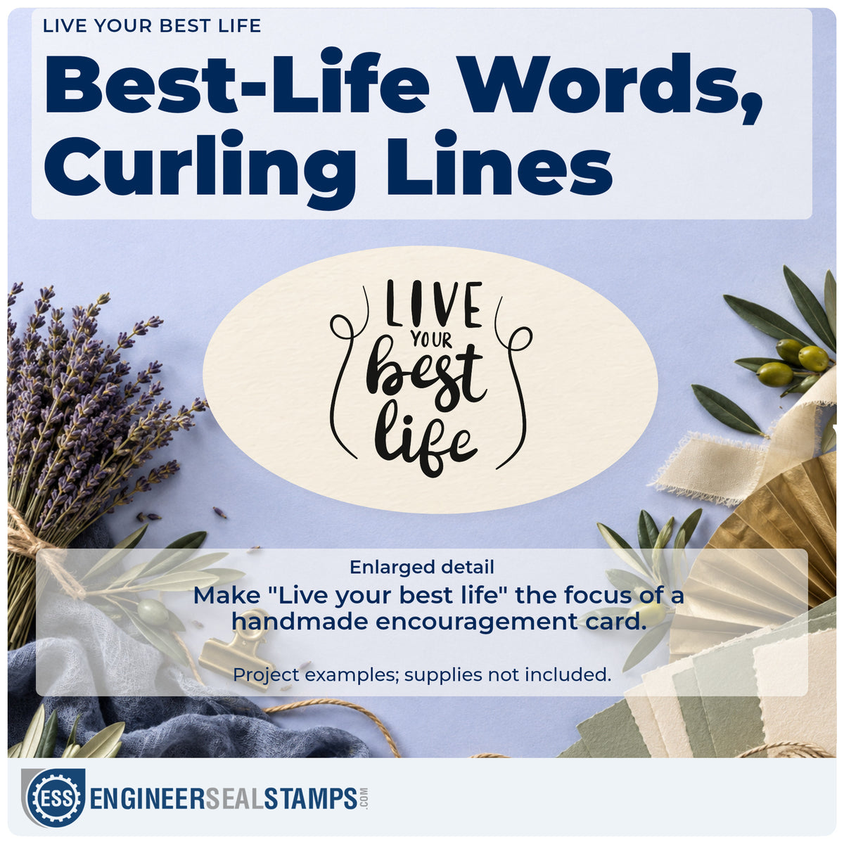 Enlarged detail of the Live Your Best Life Lettering Premium Wooden Stamp – Vintage Pro imprint. The words "Live your best life" appear between two tall curling decorative lines.