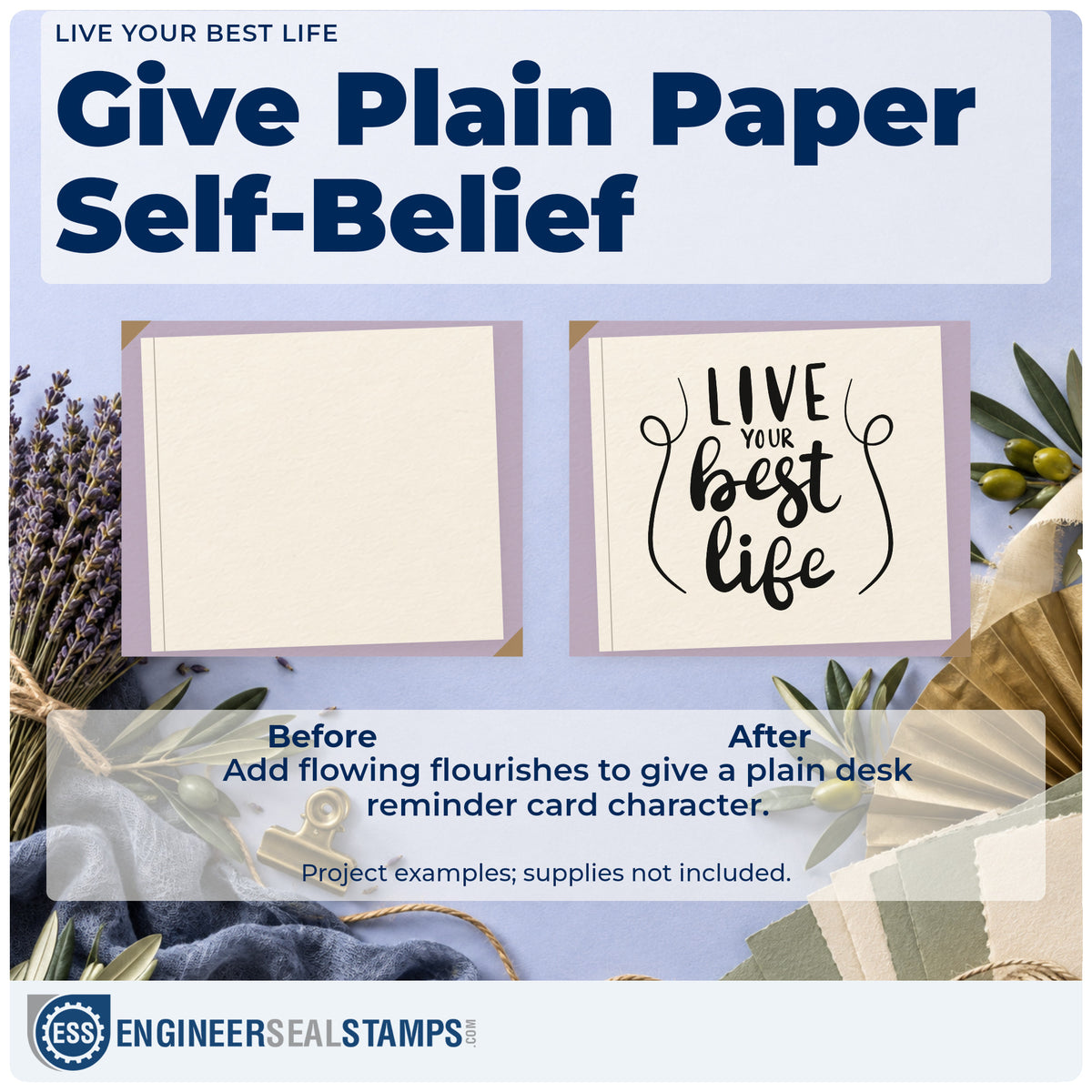 Before and after of a plain item finished with the Live Your Best Life Lettering Premium Wooden Stamp – Vintage Pro, a quick upgrade for framed map wall.