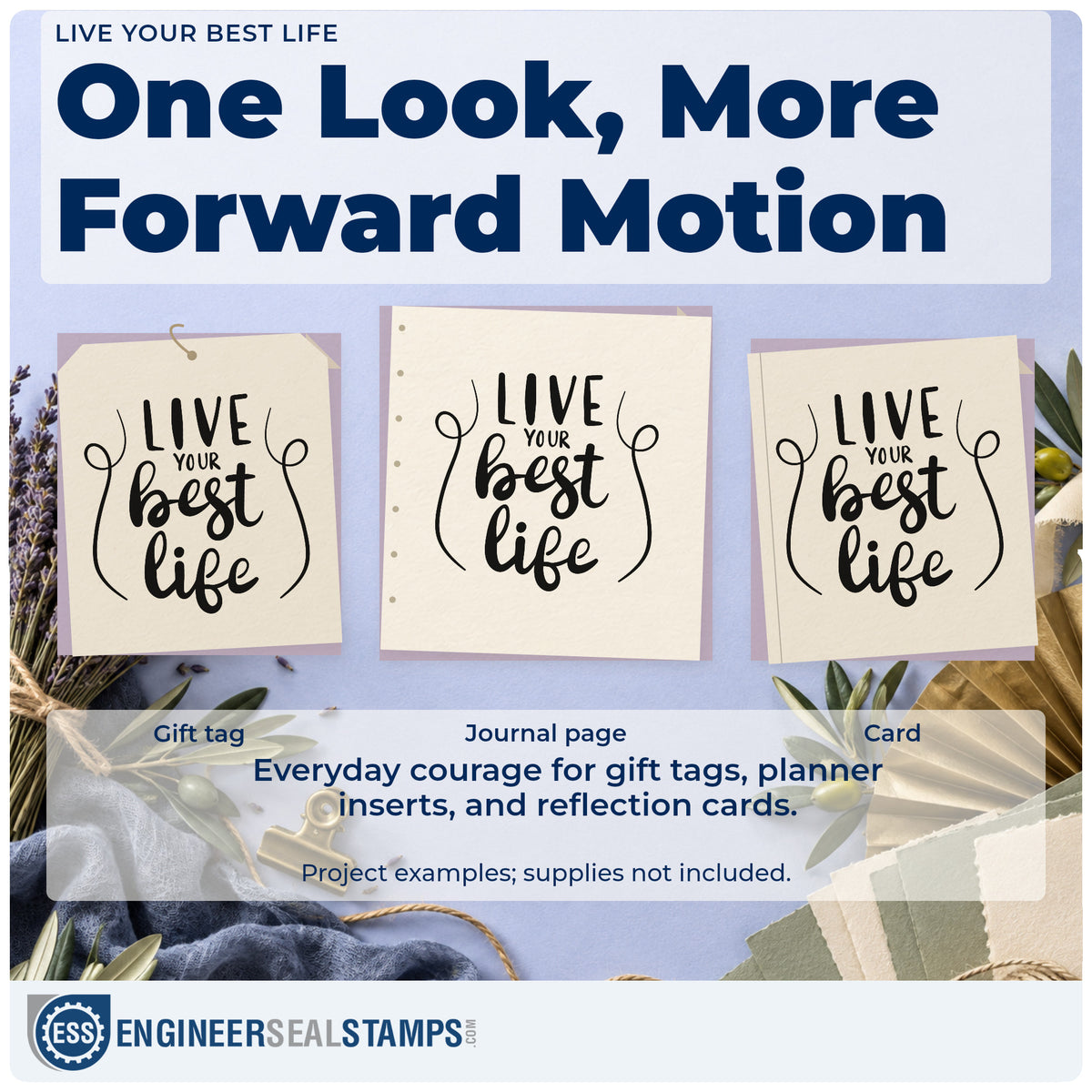 Three project examples made with the Live Your Best Life Lettering Premium Wooden Stamp – Vintage Pro, including bucket list sheet.
