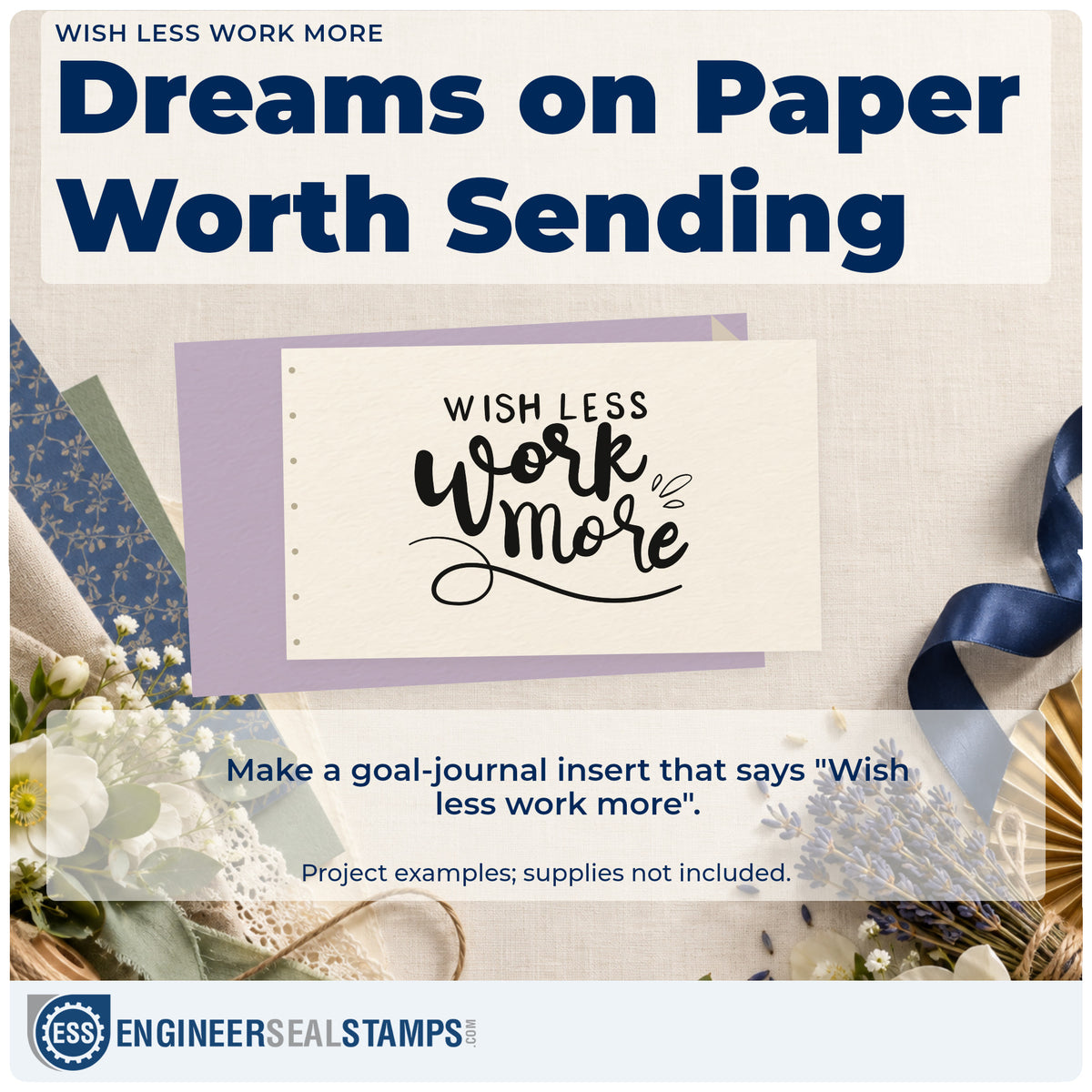A finished handmade project stamped with the Wish Less Work More Brush Lettering Stamp – Premium Vintage Pro Wooden, ideal for build log album page.
