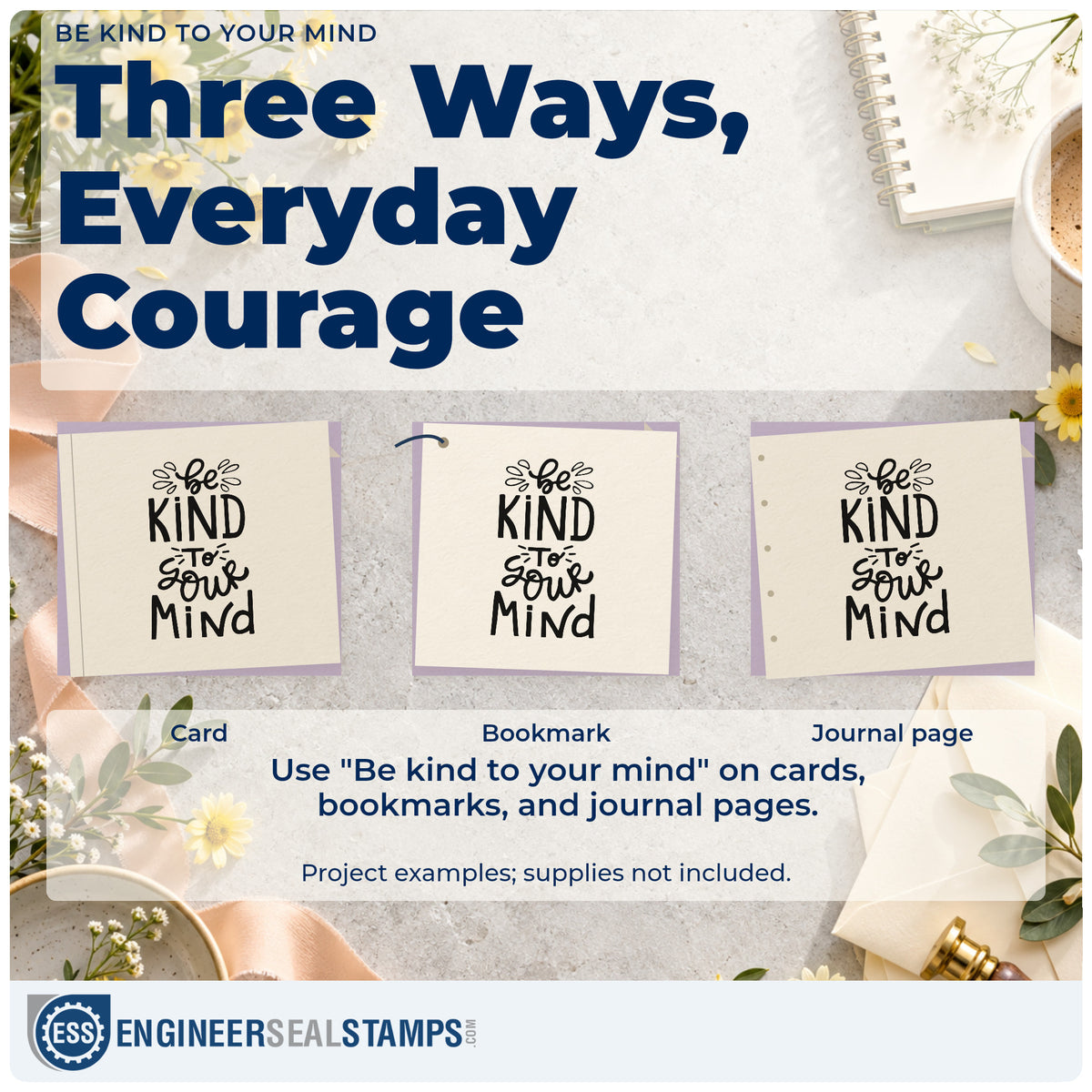 Three project examples made with the Be Kind To Your Mind Premium Wooden Stamp – Vintage Pro, including sit practice sheet.