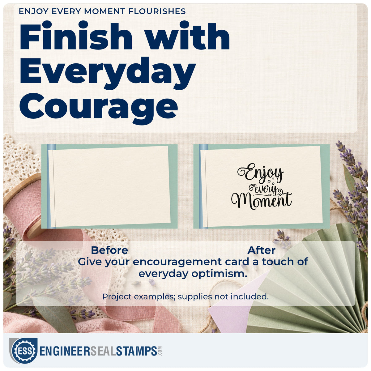 Before and after of a plain item finished with the Enjoy Every Moment Self-Inking Craft Stamp, a quick upgrade for framed welcome easel.