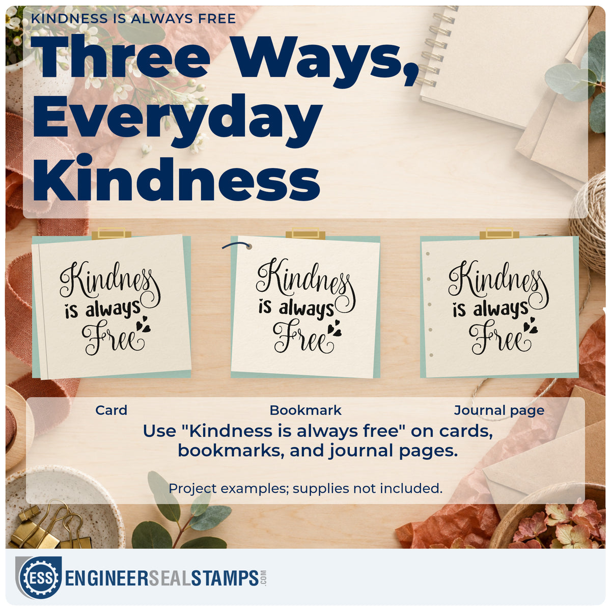 Three project examples made with the Kindness Is Always Free Premium Wood-Mounted Stamp – Vintage Pro, including shift signup sheet.