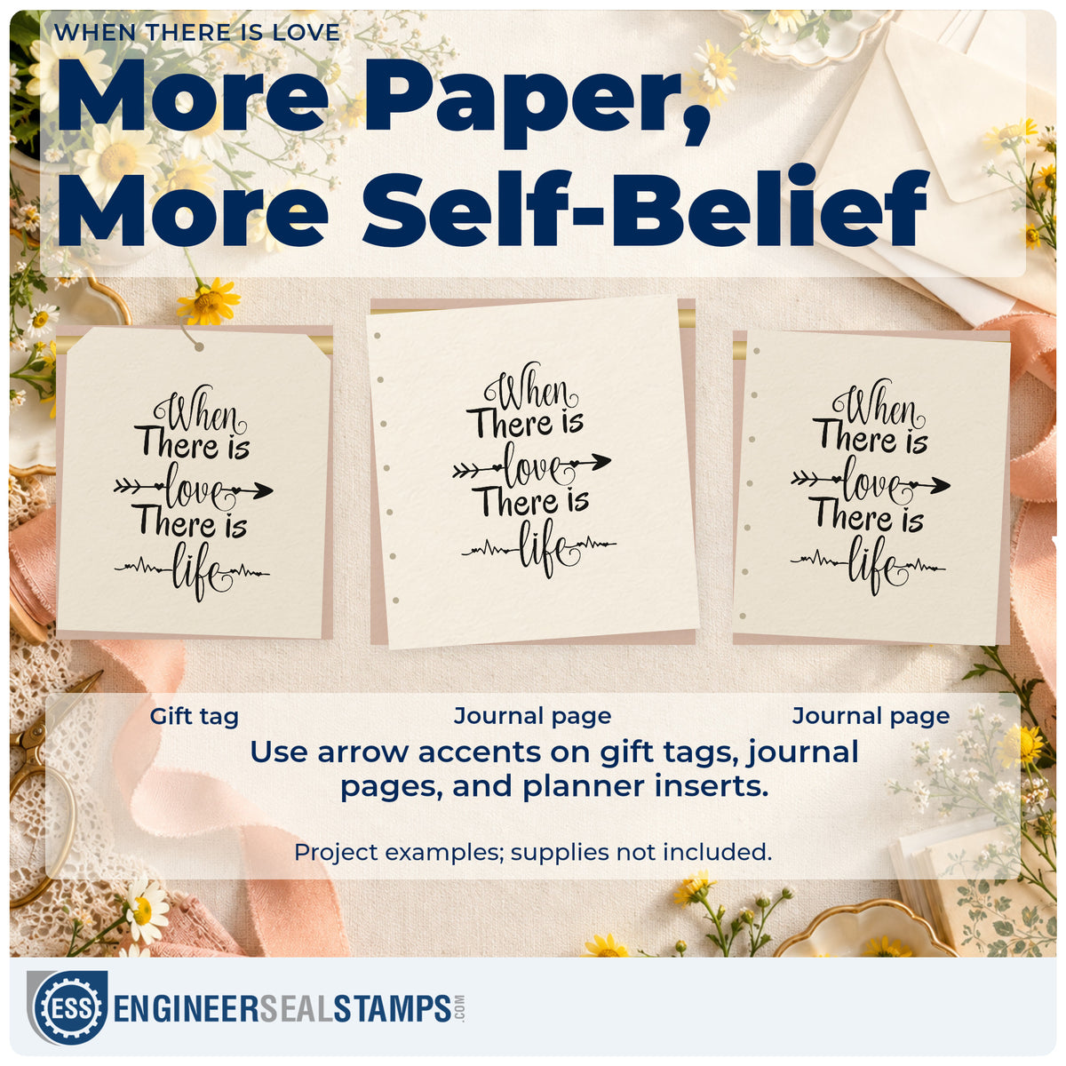 Three project examples made with the Love And Life Heartbeat Arrow Premium Wood-Mounted Stamp – Vintage Pro, including year timeline sheet.