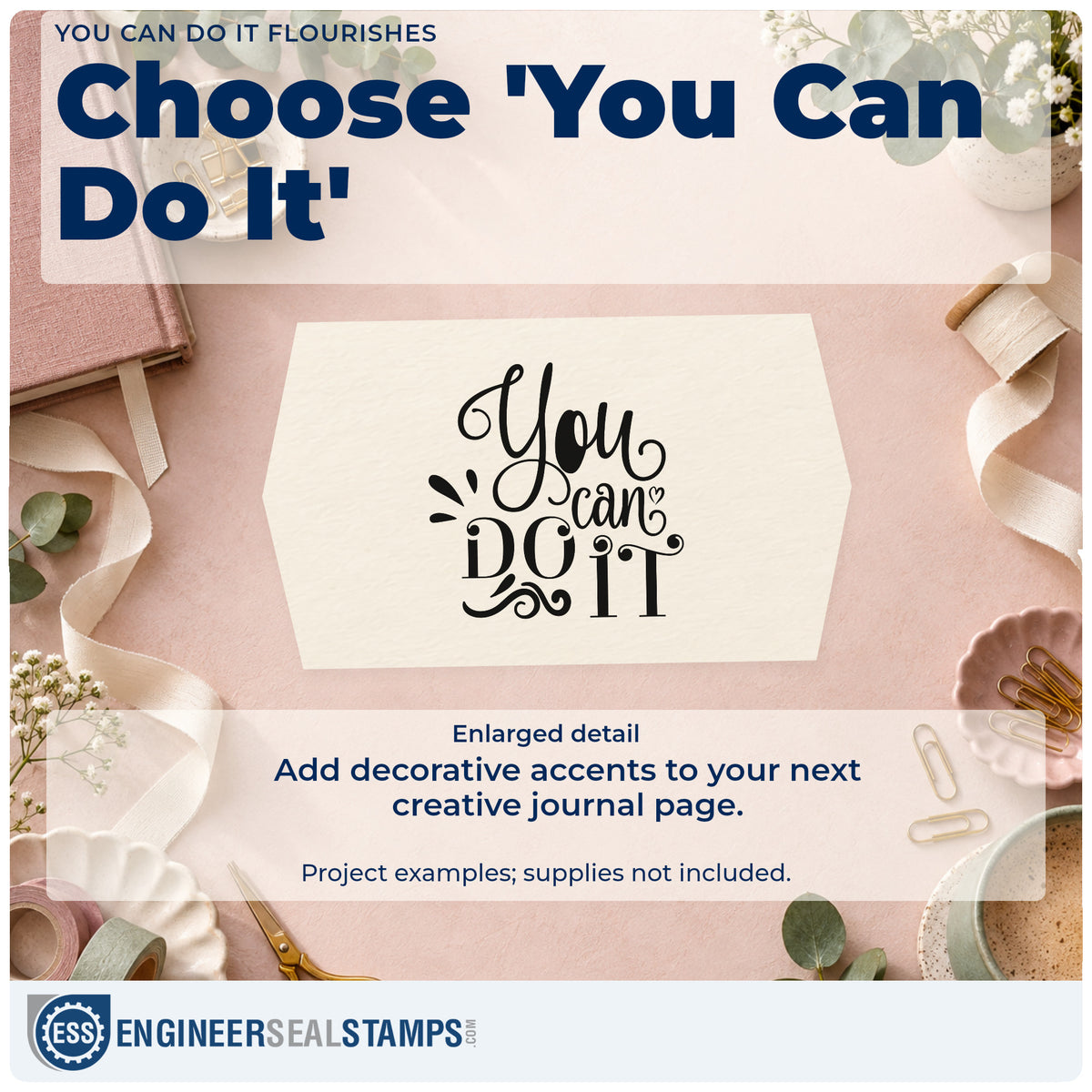 Enlarged detail of the You Can Do It Flourishes Duo Hand Stamp imprint. The phrase "You can do it" appears in bold decorative lettering with a small heart and curled accents.