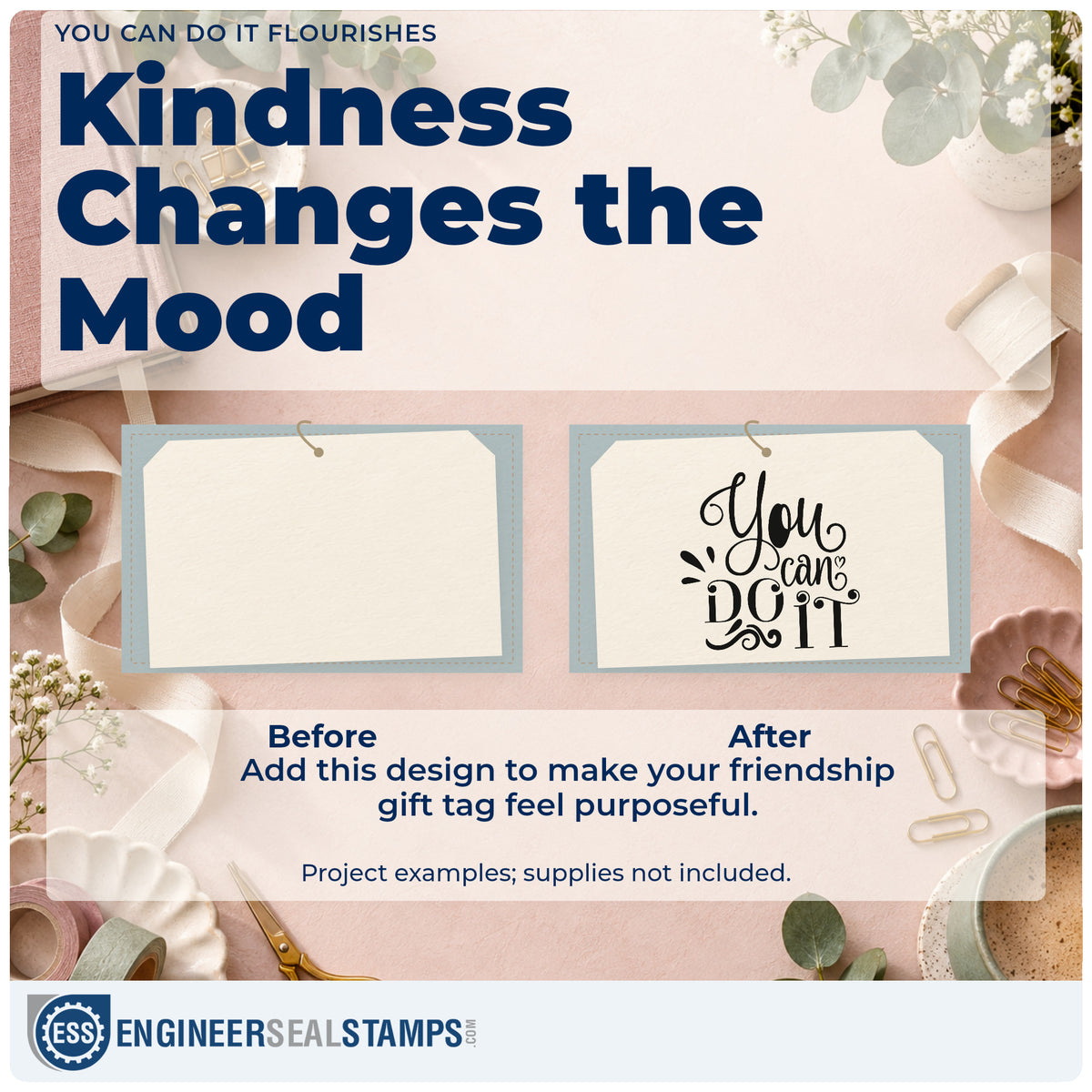 Before and after of a plain item finished with the You Can Do It Flourishes Premium Wood-Mounted Stamp – Vintage Pro, a quick upgrade for framed bathroom shelf.