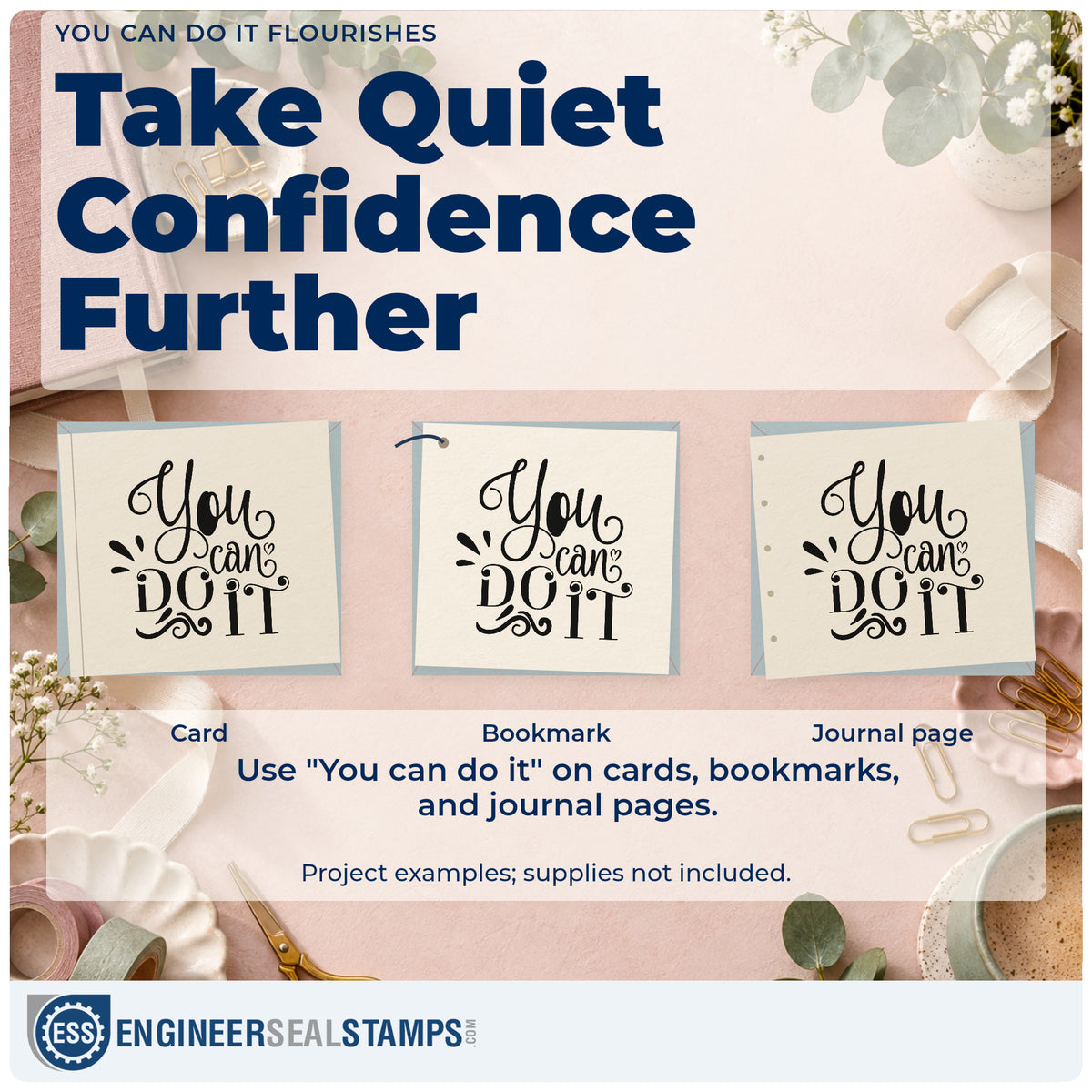 Three project examples made with the You Can Do It Flourishes Duo Hand Stamp, including chart progress sheet.