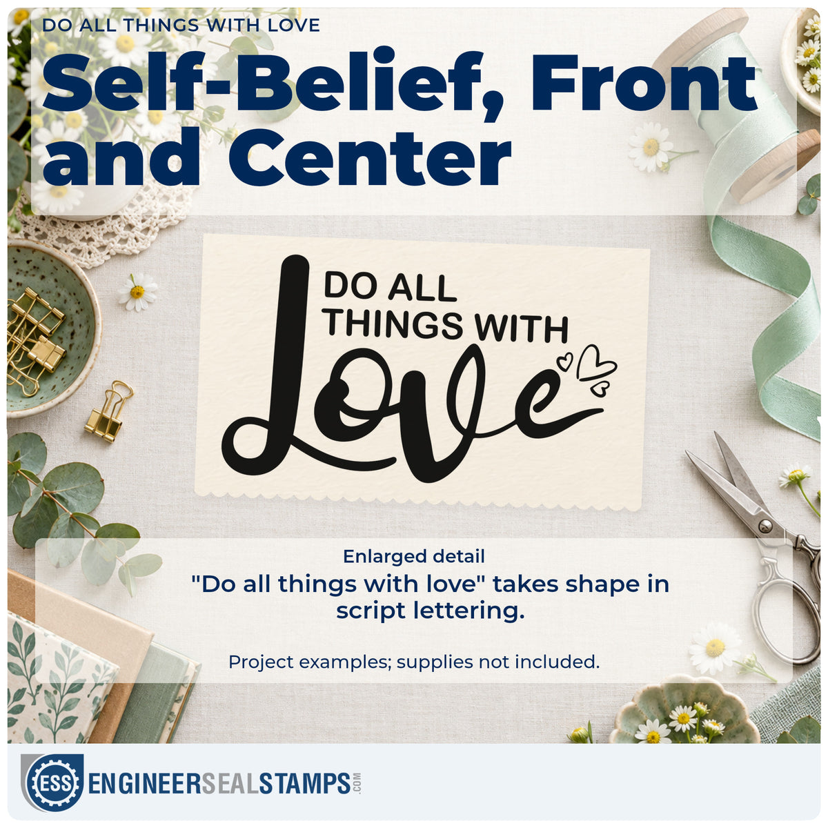 Enlarged detail of the Do All Things With Love Pre-Inked Stamp – Slim imprint. The phrase "Do all things with love" features a large script "love" with three outlined hearts.