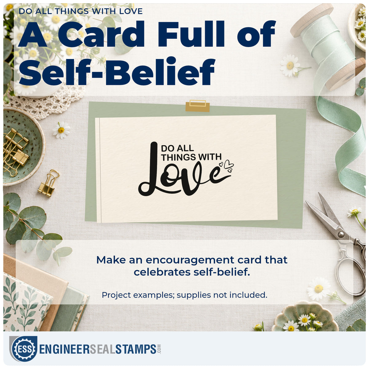 A finished handmade project stamped with the Do All Things With Love Pre-Inked Stamp – Slim, ideal for quilt album page.