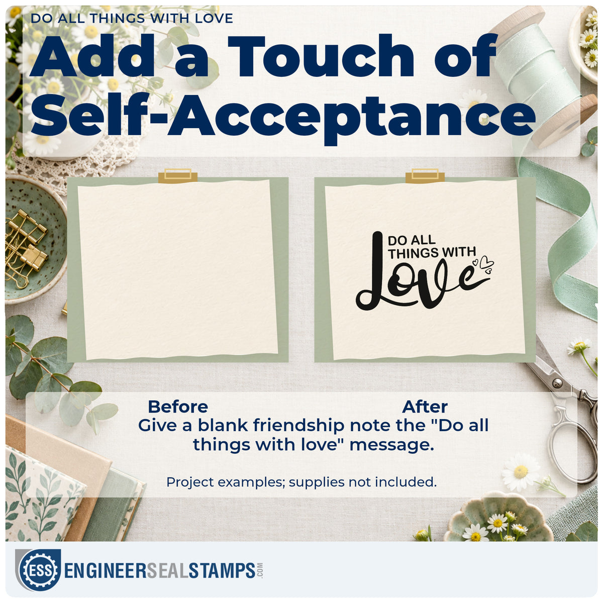 Before and after of a plain item finished with the Do All Things With Love Pre-Inked Stamp – Slim, a quick upgrade for framed craft room.