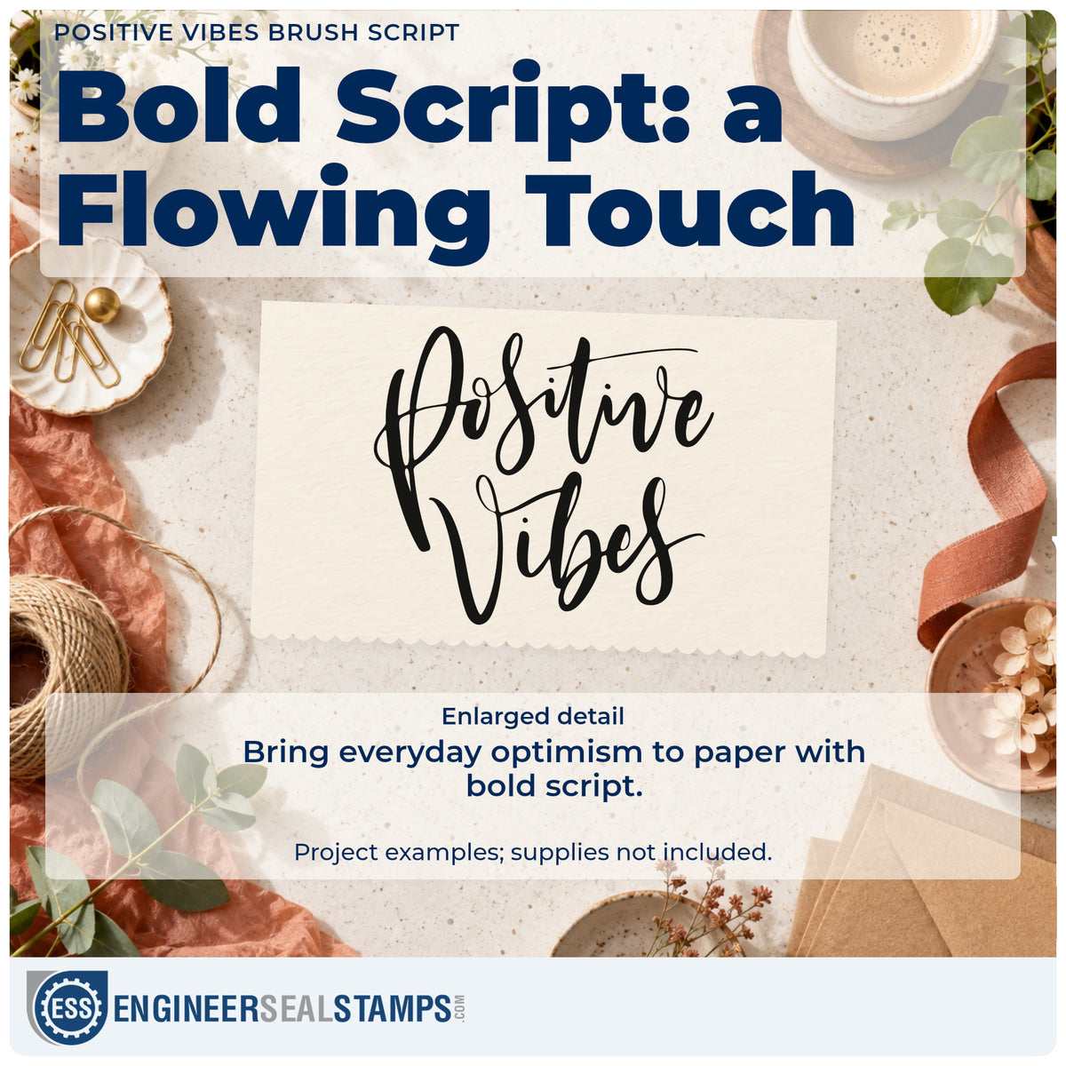 Enlarged detail of the Positive Vibes Brush Script Hand Stamp – Duo imprint. The words "Positive vibes" appear in large expressive brush script.