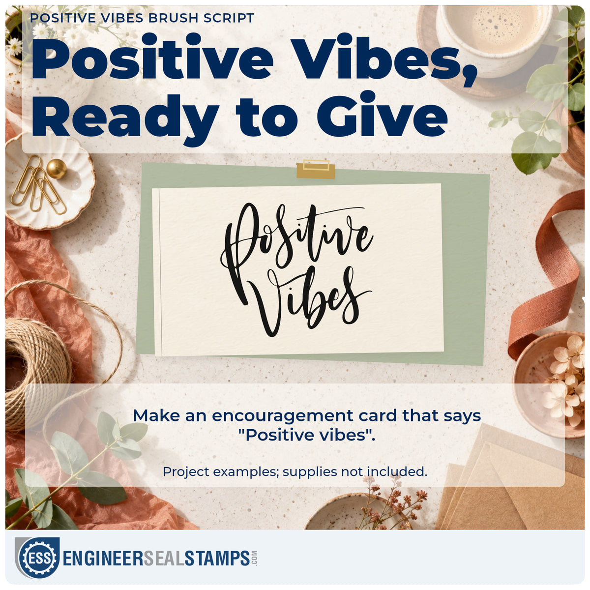 A finished handmade project stamped with the Positive Vibes Brush Script Hand Stamp – Duo, ideal for surf album page.