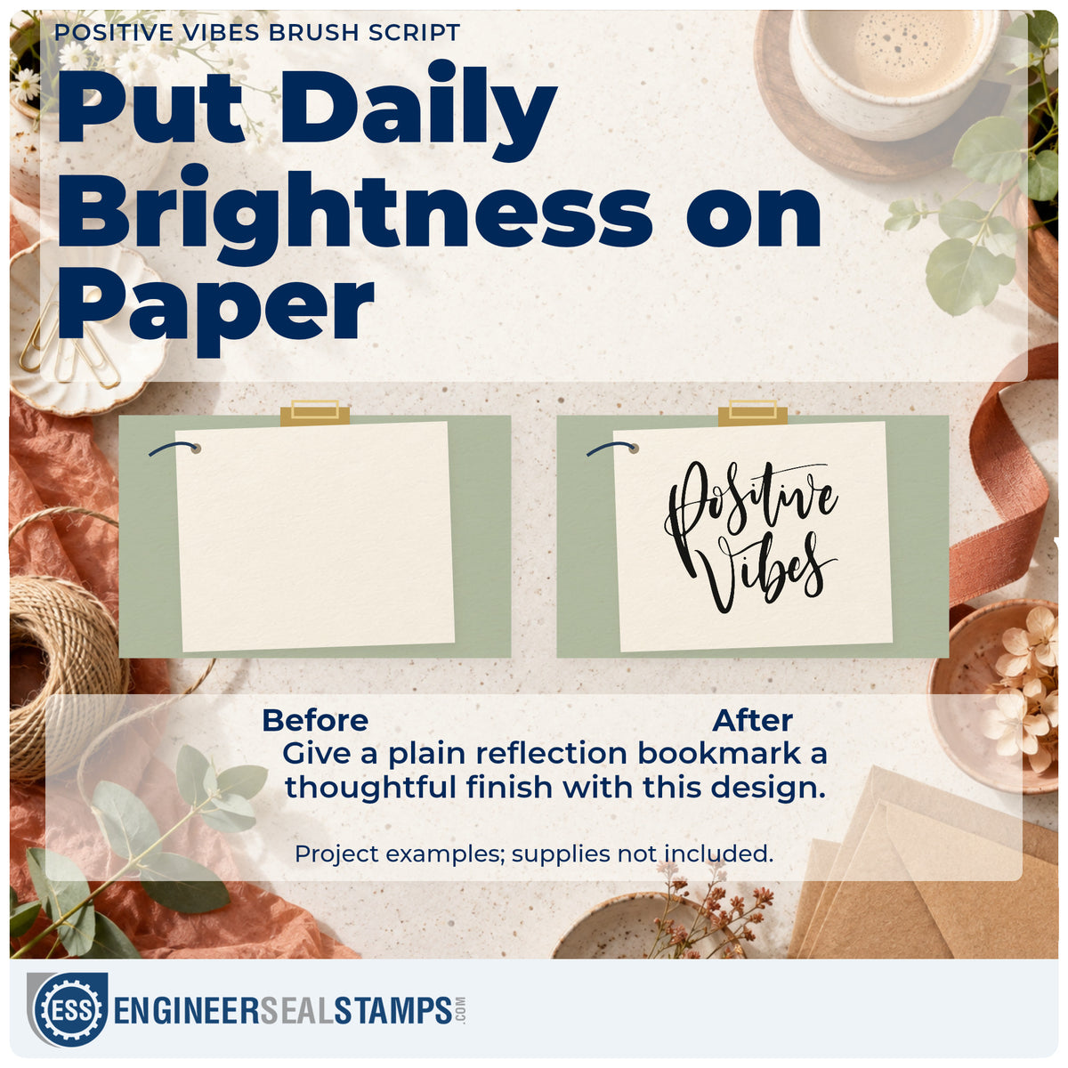 Before and after of a plain item finished with the Positive Vibes Brush Script Hand Stamp – Duo, a quick upgrade for framed shop counter.