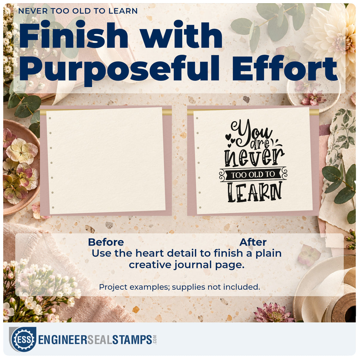 Before and after of a plain item finished with the You Are Never Too Old To Learn Pre-Inked Stamp – Slim, a quick upgrade for framed studio door.