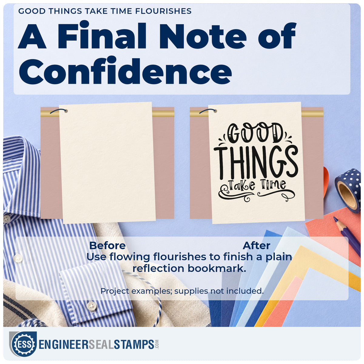 Before and after of a plain item finished with the Good Things Take Time Lettering Flourish Stamp – Premium Vintage Pro Wooden, a quick upgrade for framed display alcove.