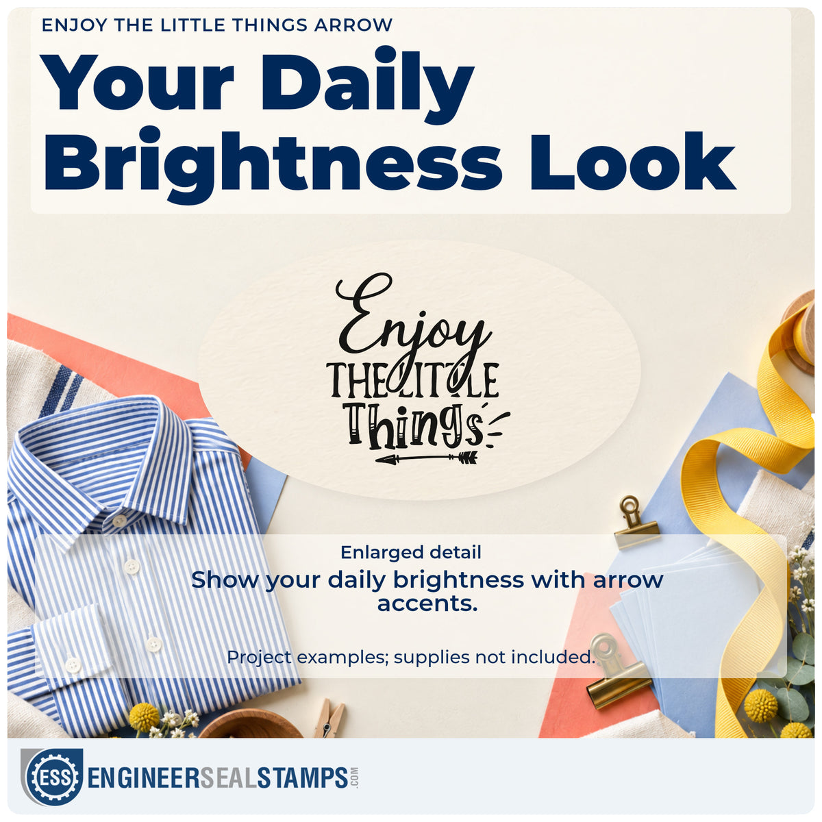 Enlarged detail of the Enjoy The Little Things Arrow Lettering Compact Pre-Inked Stamp – Slim imprint. The phrase "Enjoy the little things" appears in mixed decorative lettering above a left-pointing arrow.