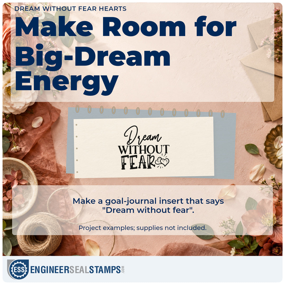A finished handmade project stamped with the Dream Without Fear Hearts Rubber Stamp – Wood Handle, ideal for flight album page.