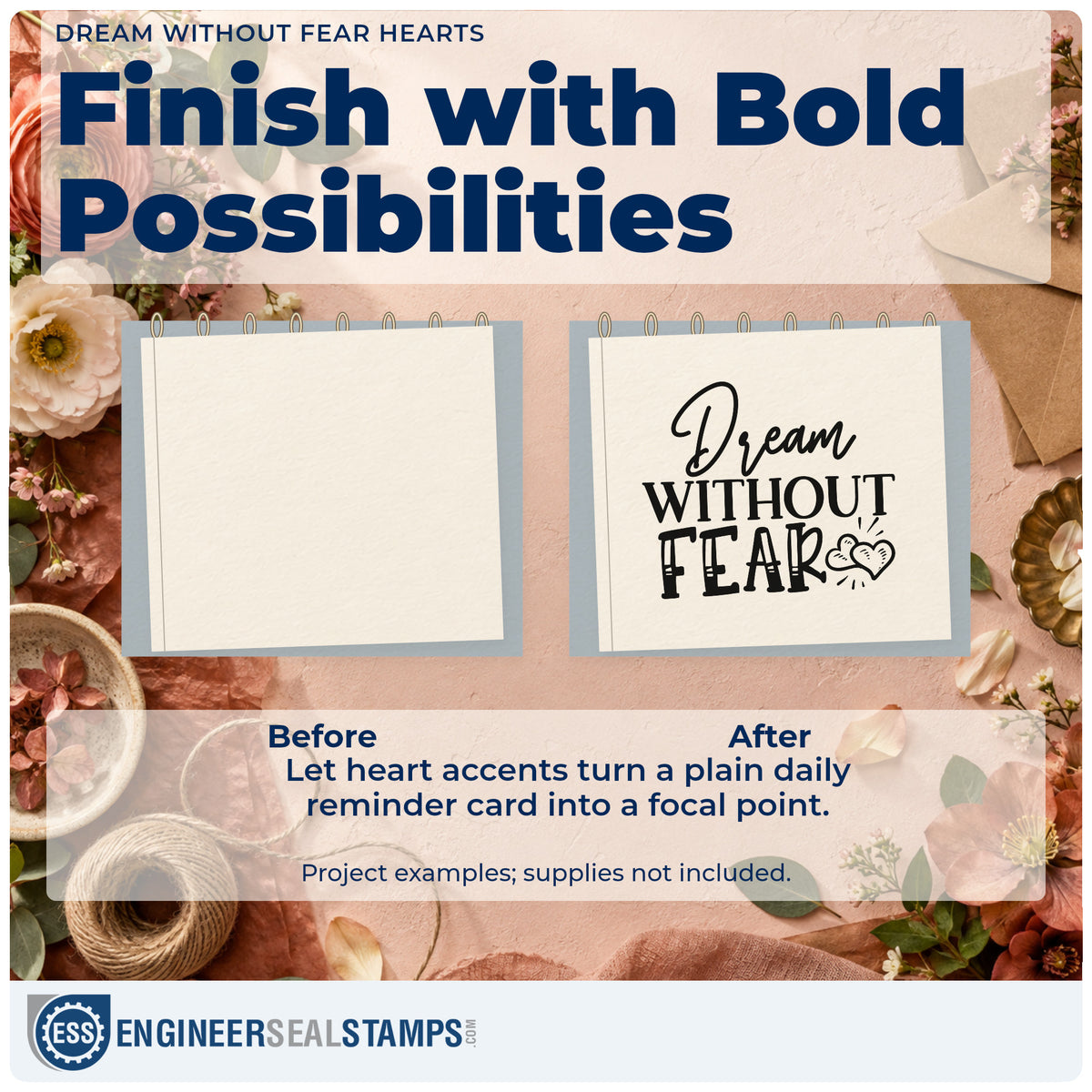 Before and after of a plain item finished with the Dream Without Fear Hearts Rubber Stamp – Wood Handle, a quick upgrade for framed hangar wall.