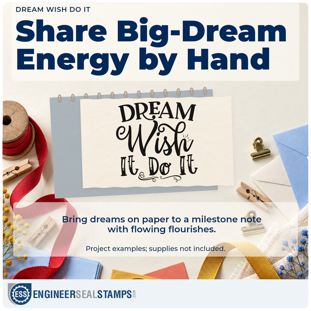 A finished handmade project stamped with the Dream Wish It Do It Script Lettering Rubber Stamp – Duo Hand, ideal for vision album page.