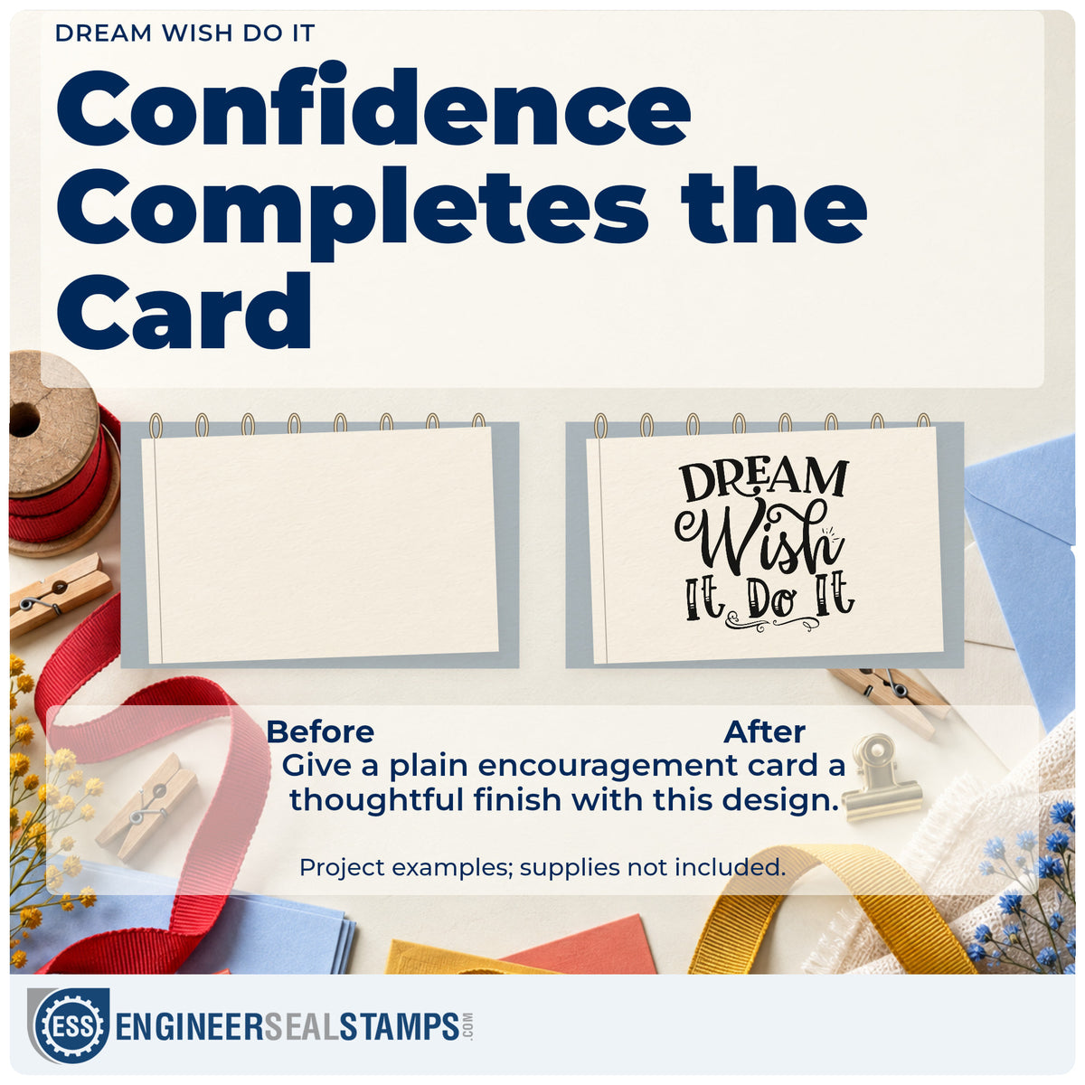 Before and after of a plain item finished with the Dream Wish It Do It Script Lettering Rubber Stamp – Duo Hand, a quick upgrade for framed bedroom door.