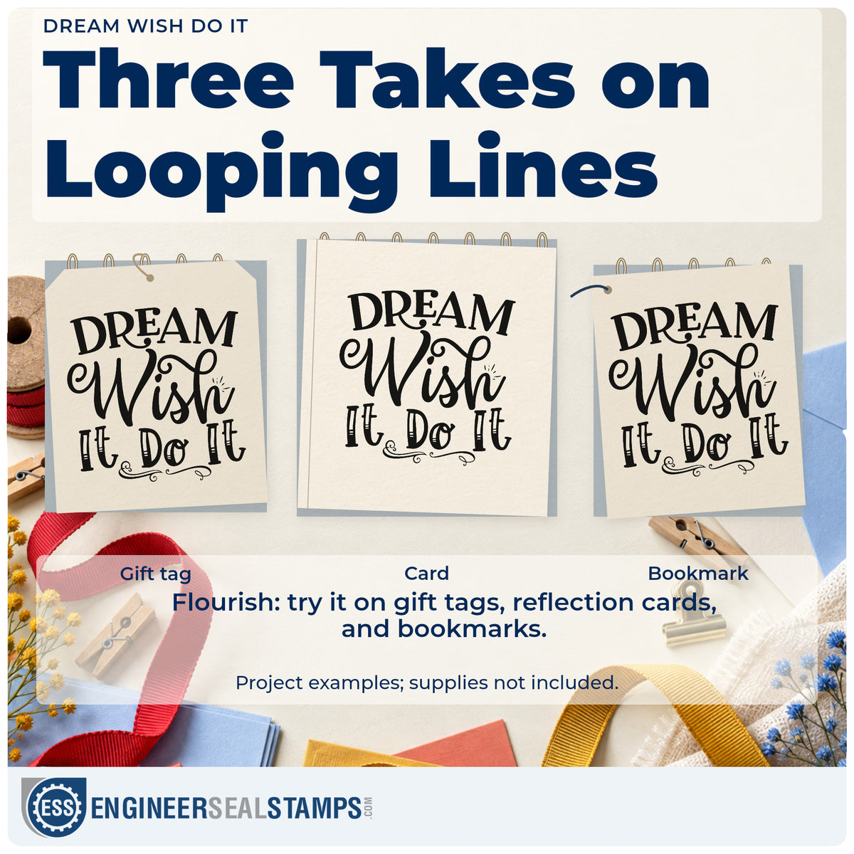 Three project examples made with the Dream Wish It Do It Script Lettering Rubber Stamp – Duo Hand, including year aim sheet.