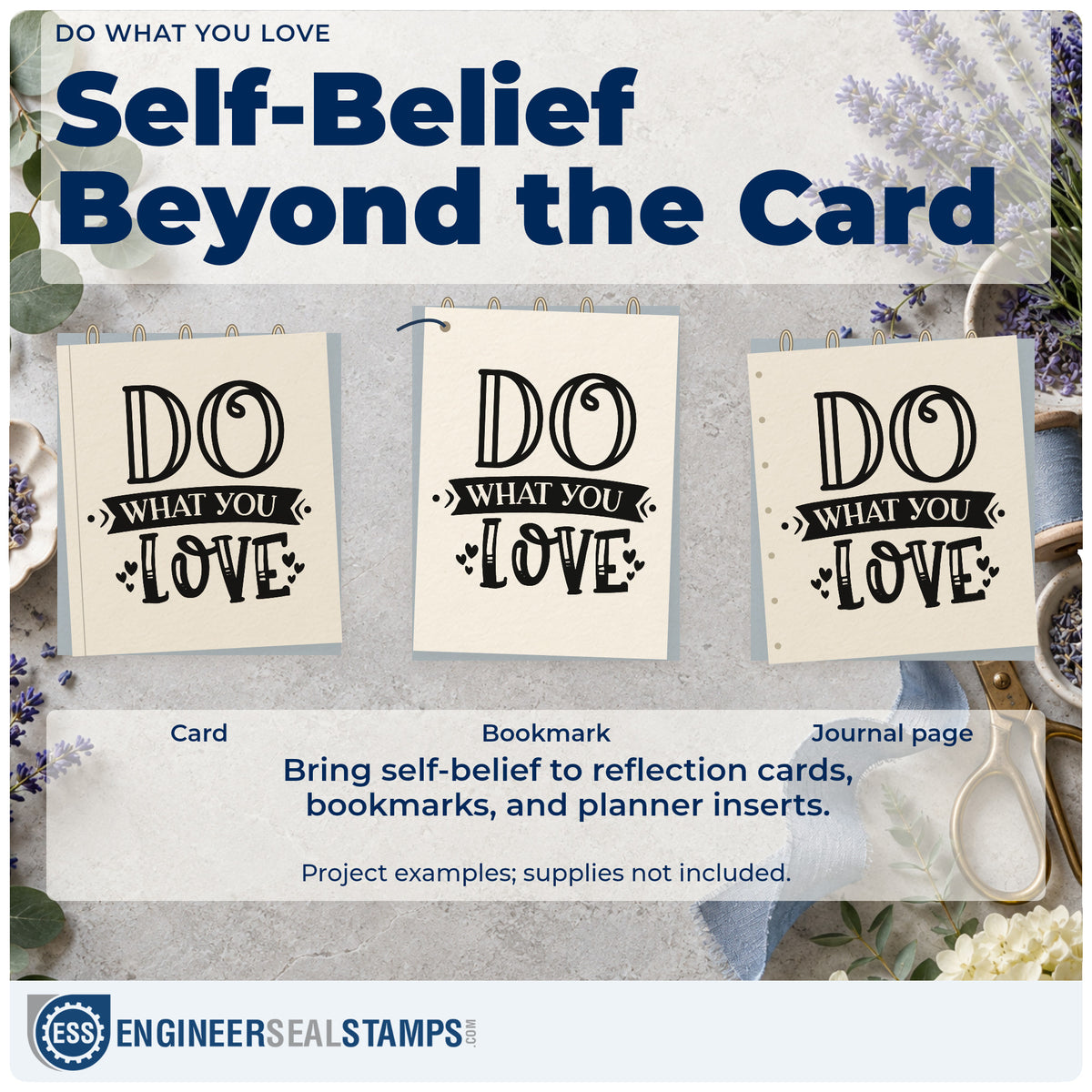 Three project examples made with the Do What You Love Premium Wooden Stamp – Vintage Pro, including event calendar sheet.