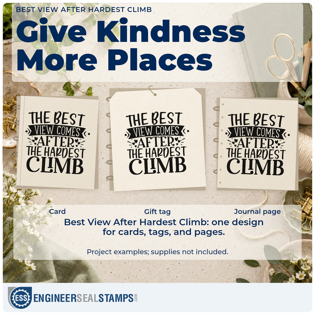 Three project examples made with the Vintage Pro The Best View Comes After The Hardest Climb Premium Wooden Stamp, including peak list sheet.
