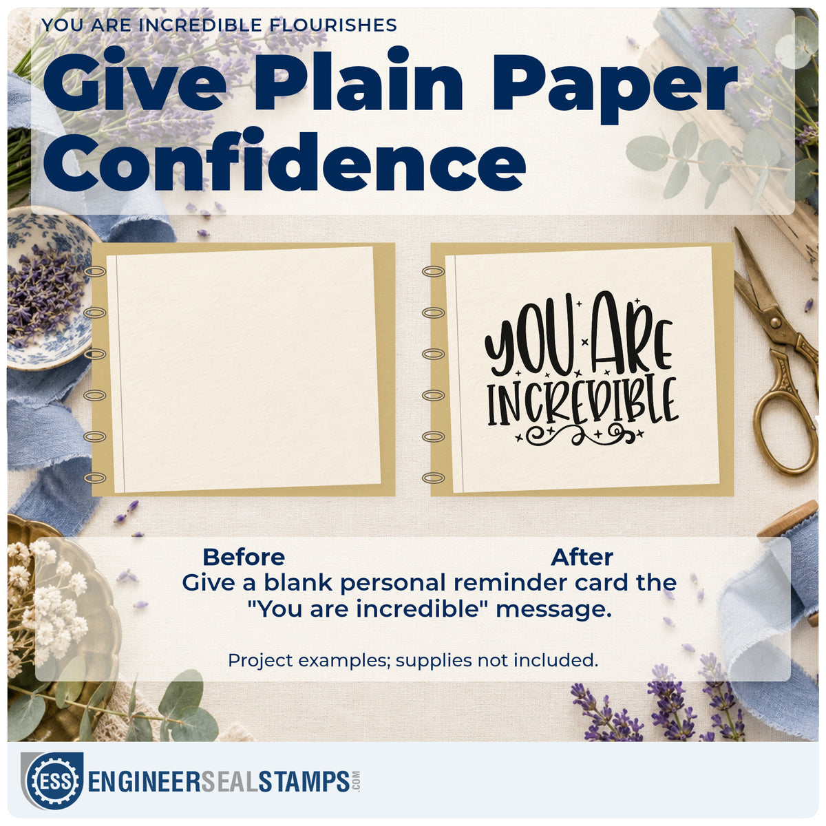 Before and after of a plain item finished with the You Are Incredible Flourishes Premium Wood-Mounted Stamp – Vintage Pro, a quick upgrade for framed desk shelf.