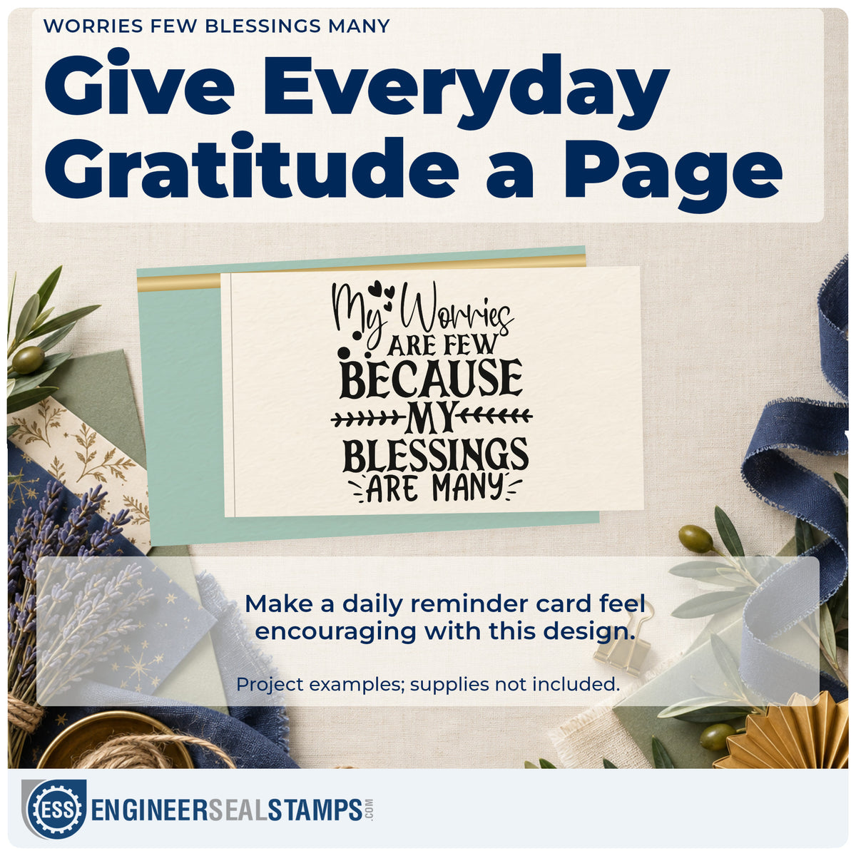A finished handmade project stamped with the Worries Few Blessings Many Rubber Stamp – Duo Hand, ideal for thanksgiving album page.
